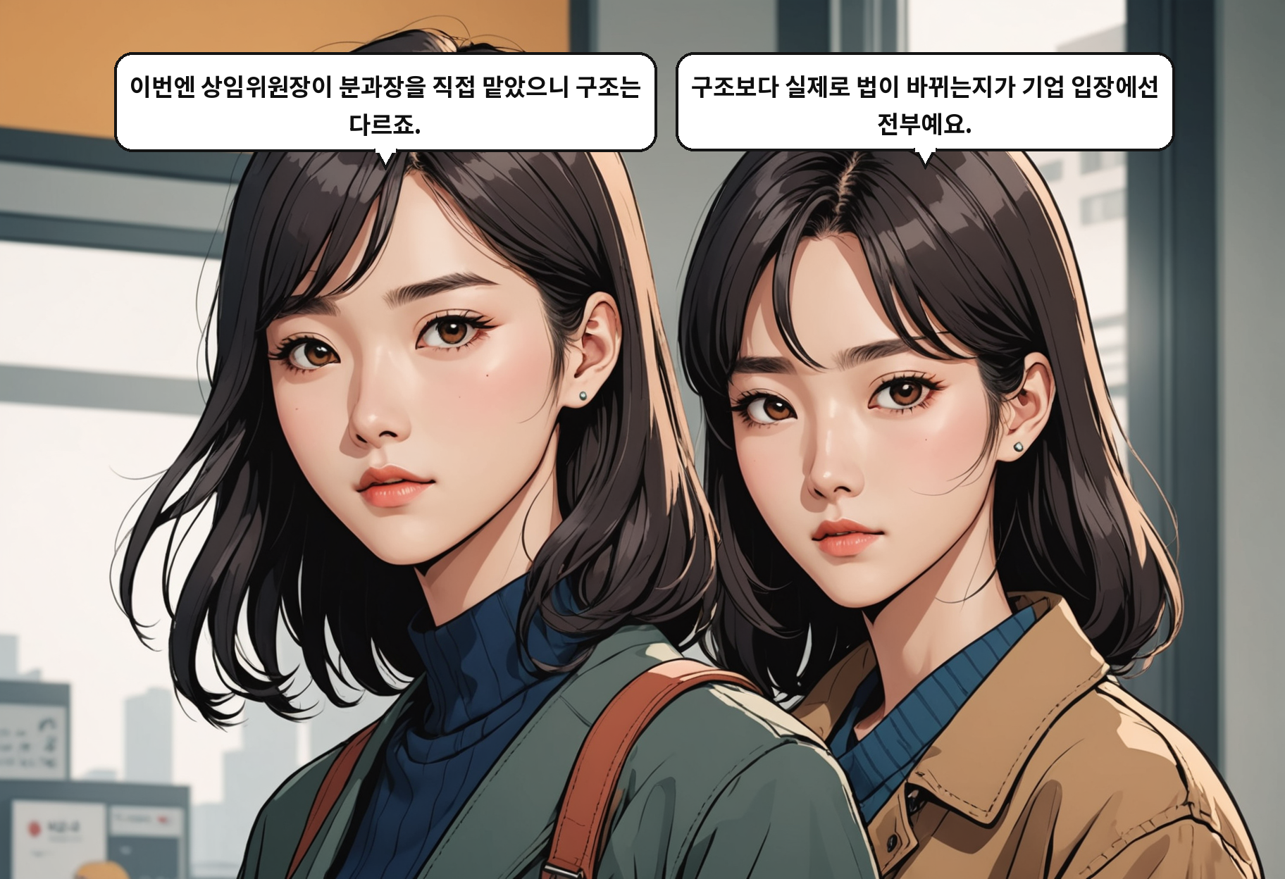 B: 이번엔 상임위원장이 분과장을 직접 맡았으니 구조는 다르죠. A: 구조보다 실제로 법이 바뀌는지가 기업 입장에선 전부예요.