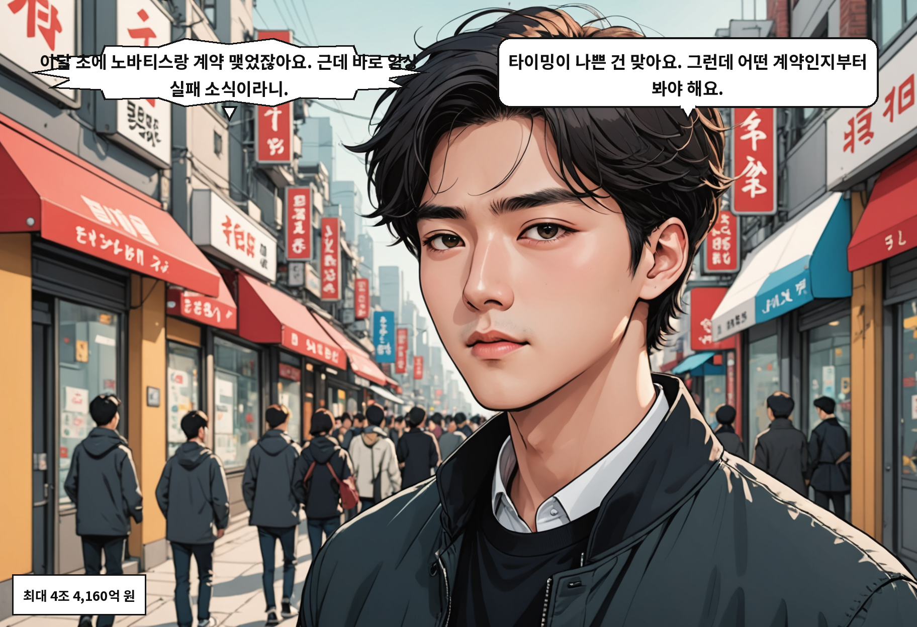 B: 이달 초에 노바티스랑 계약 맺었잖아요. 근데 바로 임상 실패 소식이라니. A: 타이밍이 나쁜 건 맞아요. 그런데 어떤 계약인지부터 봐야 해요.