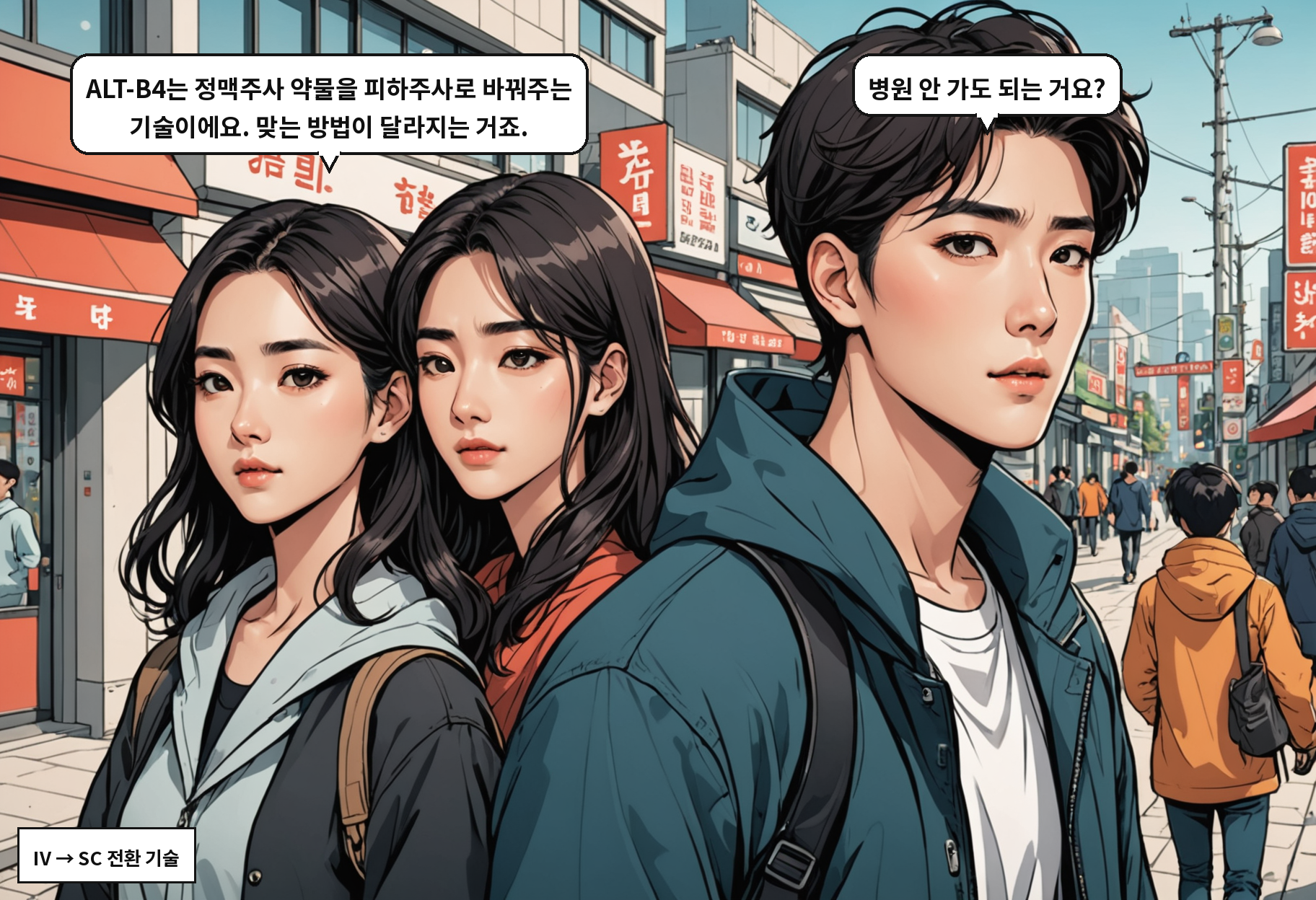 A: ALT-B4는 정맥주사 약물을 피하주사로 바꿔주는 기술이에요. 맞는 방법이 달라지는 거죠. B: 병원 안 가도 되는 거요?