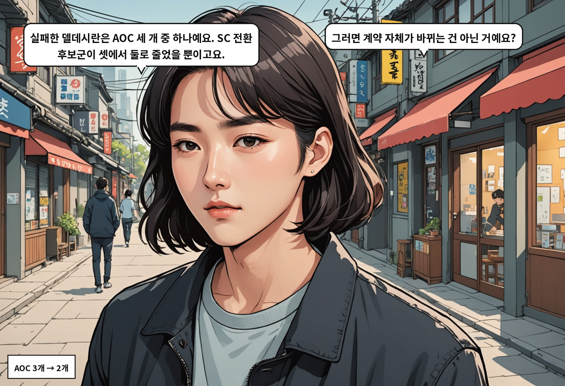 A: 실패한 델데시란은 AOC 세 개 중 하나예요. SC 전환 후보군이 셋에서 둘로 줄었을 뿐이고요. B: 그러면 계약 자체가 바뀌는 건 아닌 거예요?