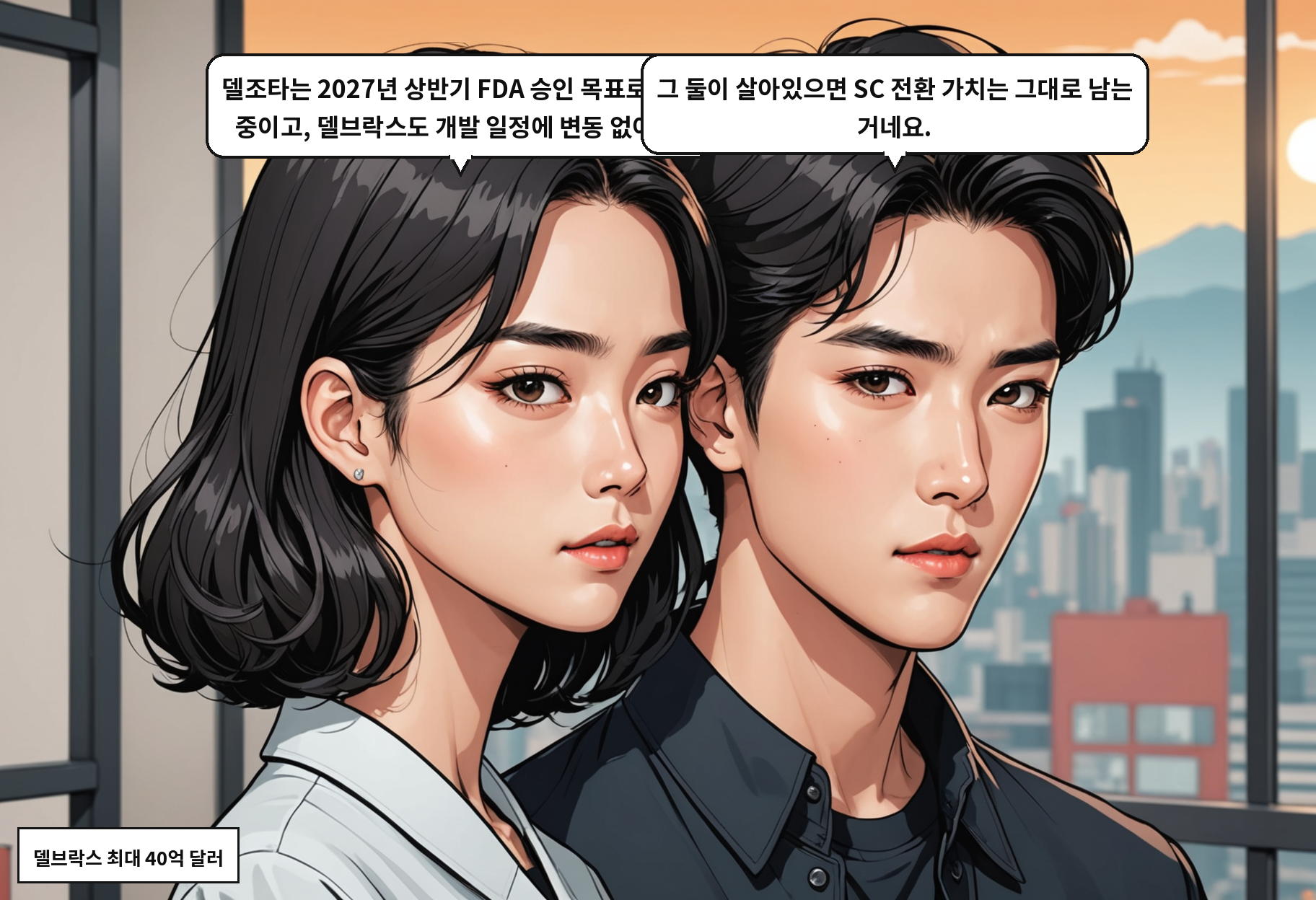A: 델조타는 2027년 상반기 FDA 승인 목표로 순항 중이고, 델브락스도 개발 일정에 변동 없어요. B: 그 둘이 살아있으면 SC 전환 가치는 그대로 남는 거네요.