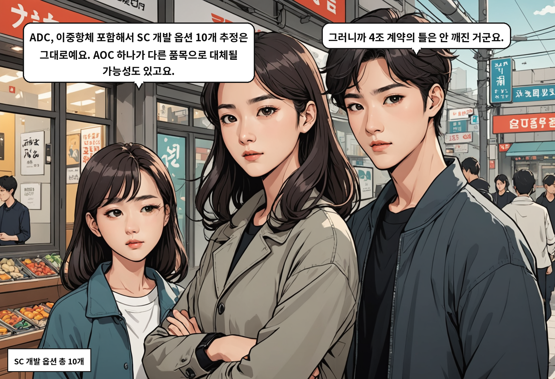 A: ADC, 이중항체 포함해서 SC 개발 옵션 10개 추정은 그대로예요. AOC 하나가 다른 품목으로 대체될 가능성도 있고요. B: 그러니까 4조 계약의 틀은 안 깨진 거군요.