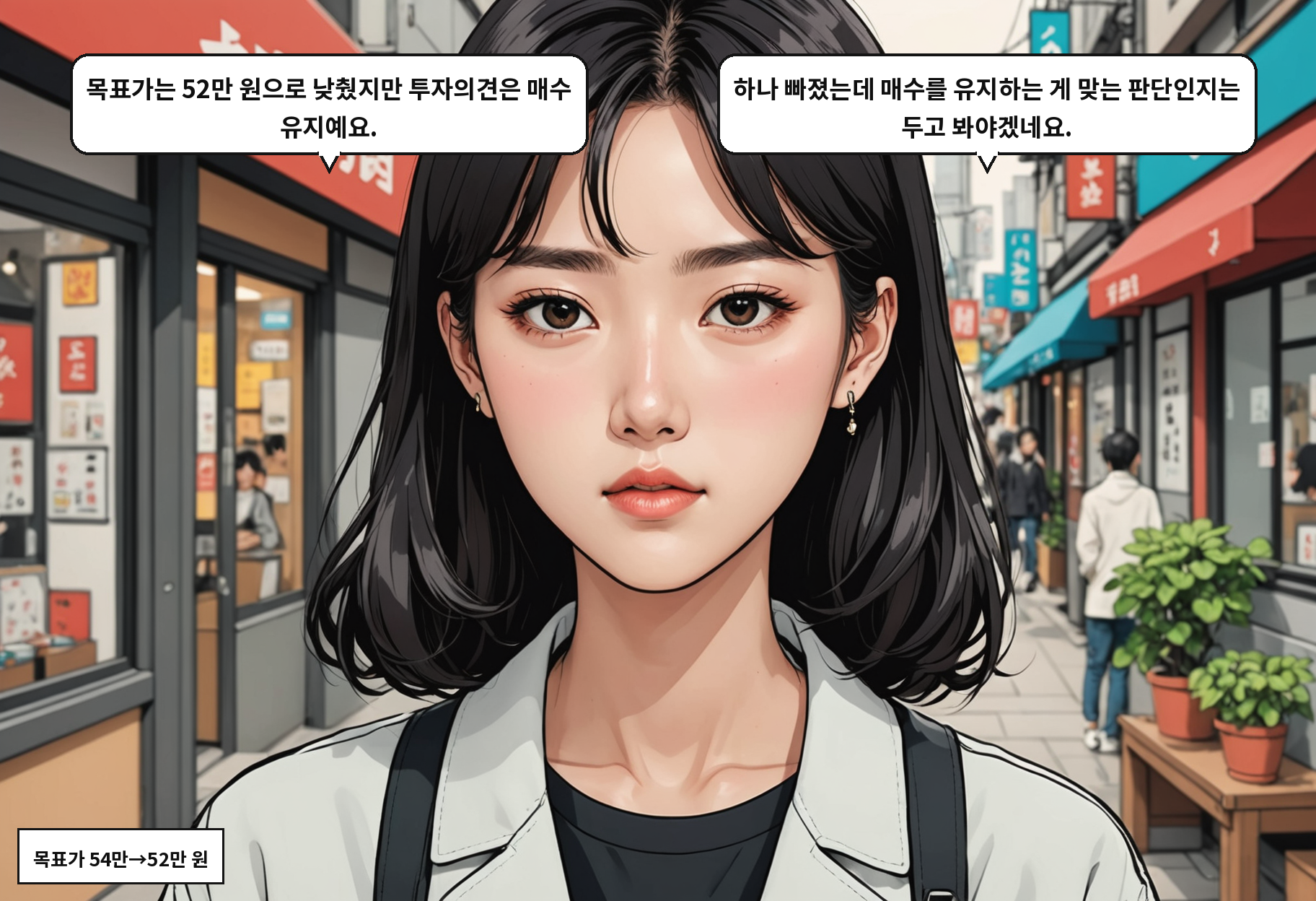 A: 목표가는 52만 원으로 낮췄지만 투자의견은 매수 유지예요. B: 하나 빠졌는데 매수를 유지하는 게 맞는 판단인지는 두고 봐야겠네요.