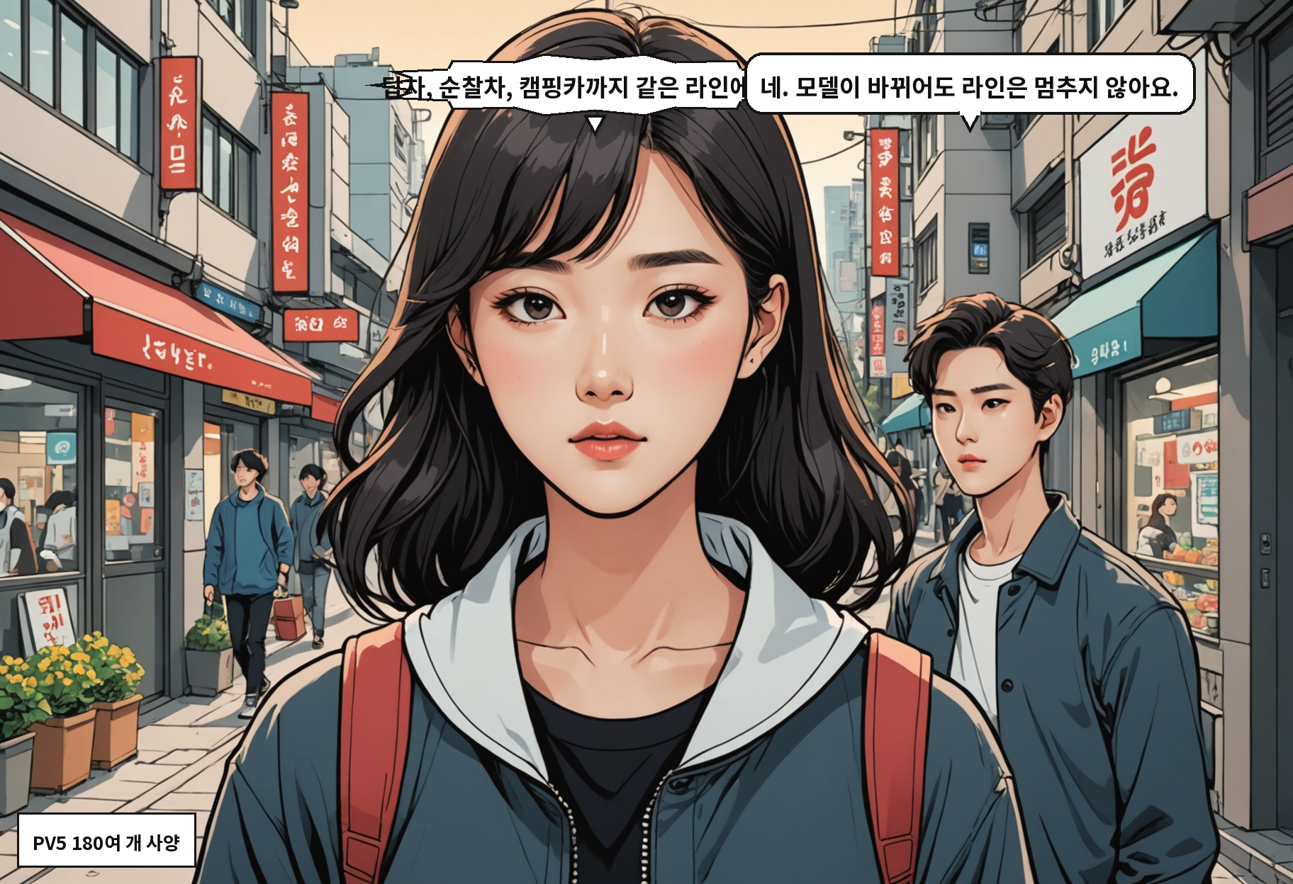 A: 탑차, 순찰차, 캠핑카까지 같은 라인에서요? B: 네. 모델이 바뀌어도 라인은 멈추지 않아요.