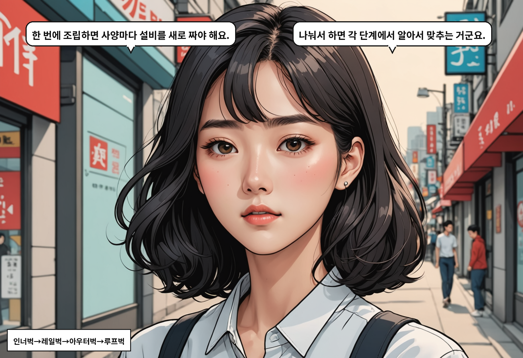 B: 한 번에 조립하면 사양마다 설비를 새로 짜야 해요. A: 나눠서 하면 각 단계에서 알아서 맞추는 거군요.