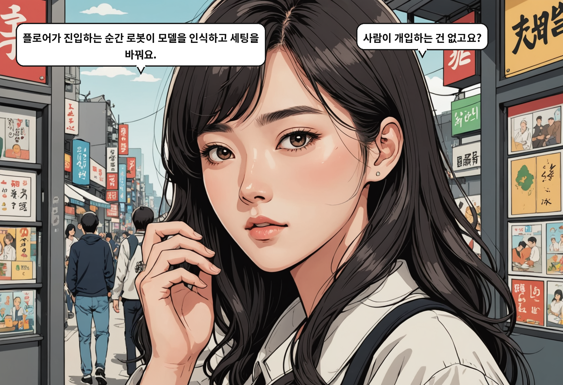 B: 플로어가 진입하는 순간 로봇이 모델을 인식하고 세팅을 바꿔요. A: 사람이 개입하는 건 없고요?