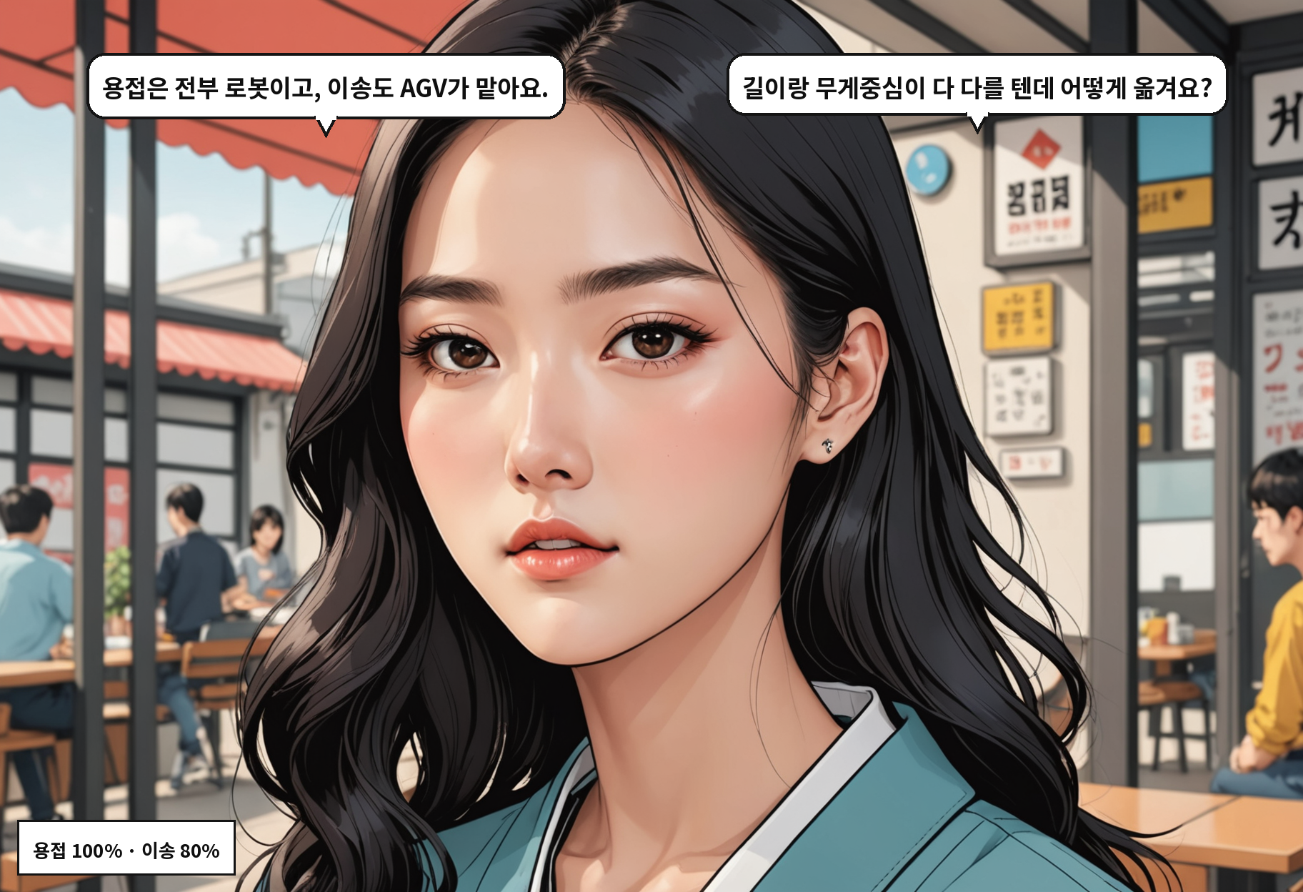 B: 용접은 전부 로봇이고, 이송도 AGV가 맡아요. A: 길이랑 무게중심이 다 다를 텐데 어떻게 옮겨요?