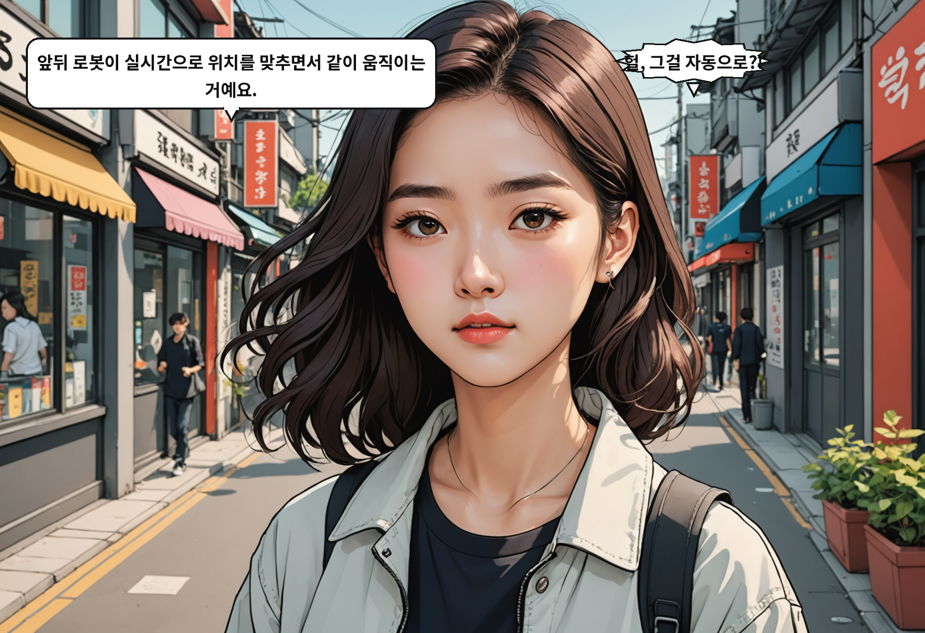 B: 앞뒤 로봇이 실시간으로 위치를 맞추면서 같이 움직이는 거예요. A: 헐, 그걸 자동으로?!