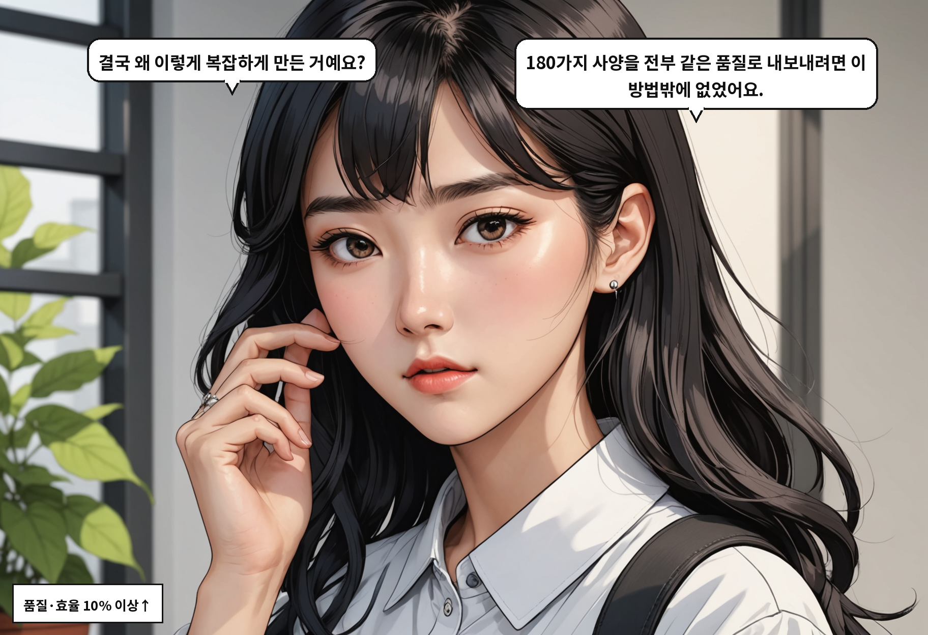 A: 결국 왜 이렇게 복잡하게 만든 거예요? B: 180가지 사양을 전부 같은 품질로 내보내려면 이 방법밖에 없었어요.