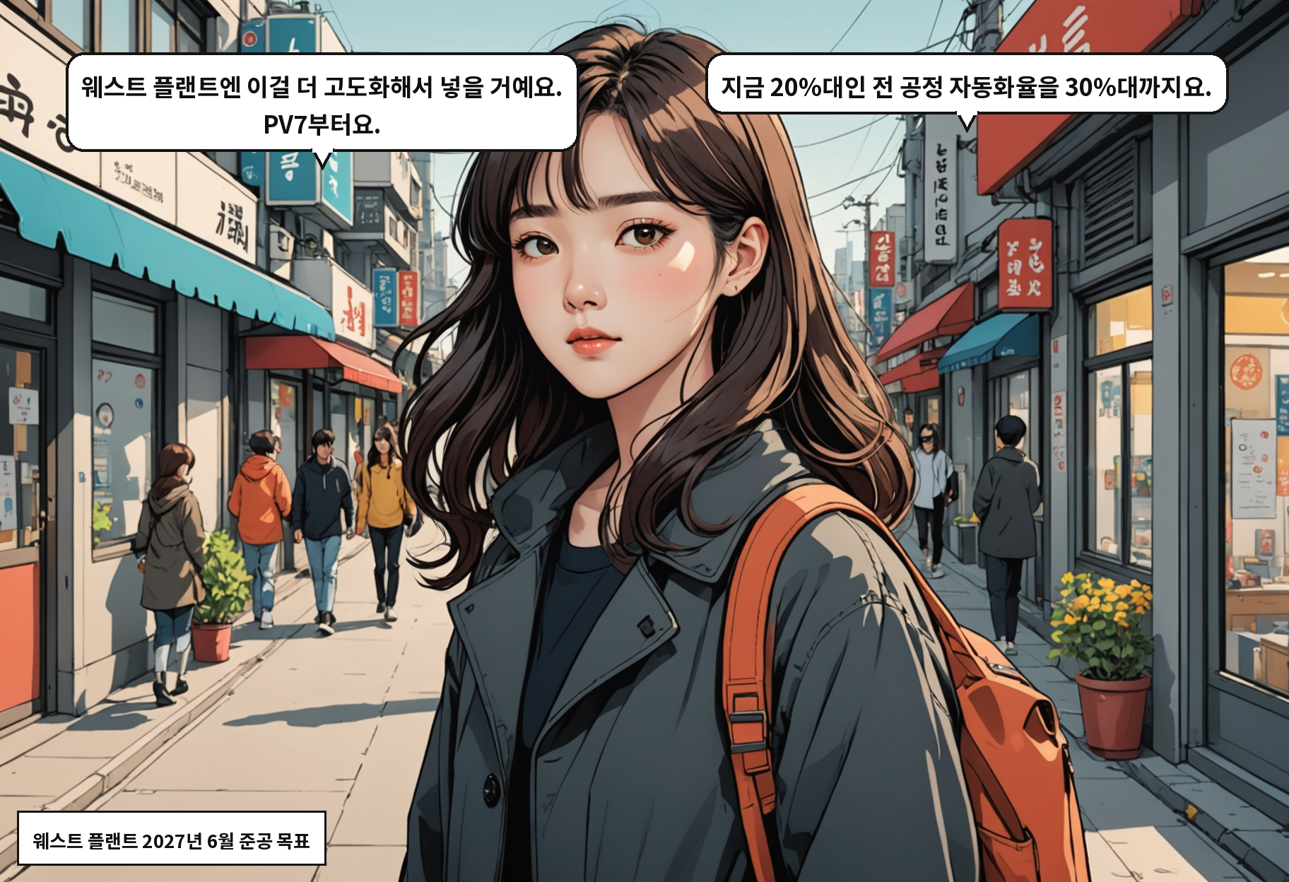 B: 웨스트 플랜트엔 이걸 더 고도화해서 넣을 거예요. PV7부터요. A: 지금 20%대인 전 공정 자동화율을 30%대까지요.