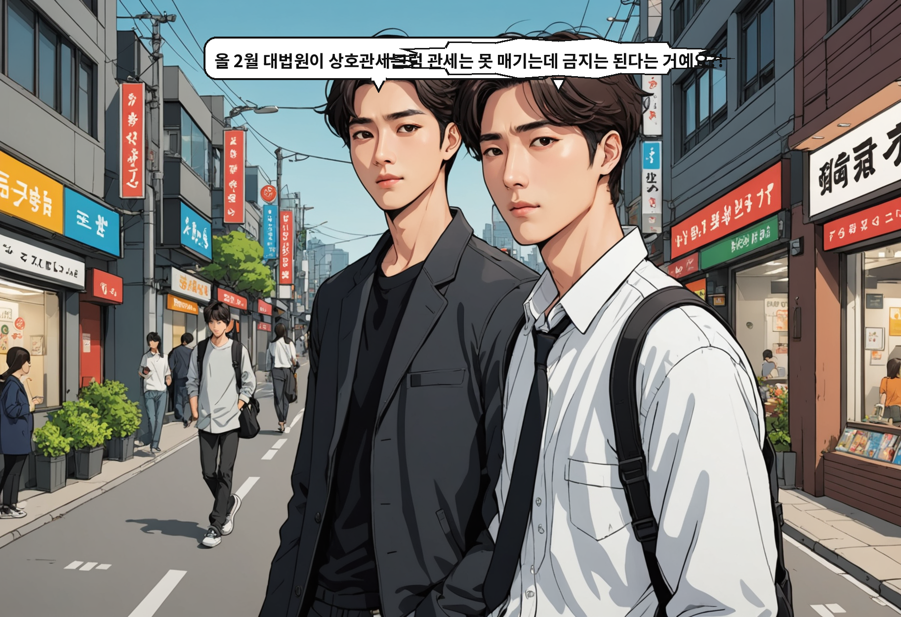 B: 올 2월 대법원이 상호관세는 위법이라고 했어요. A: 그럼 관세는 못 매기는데 금지는 된다는 거예요?!