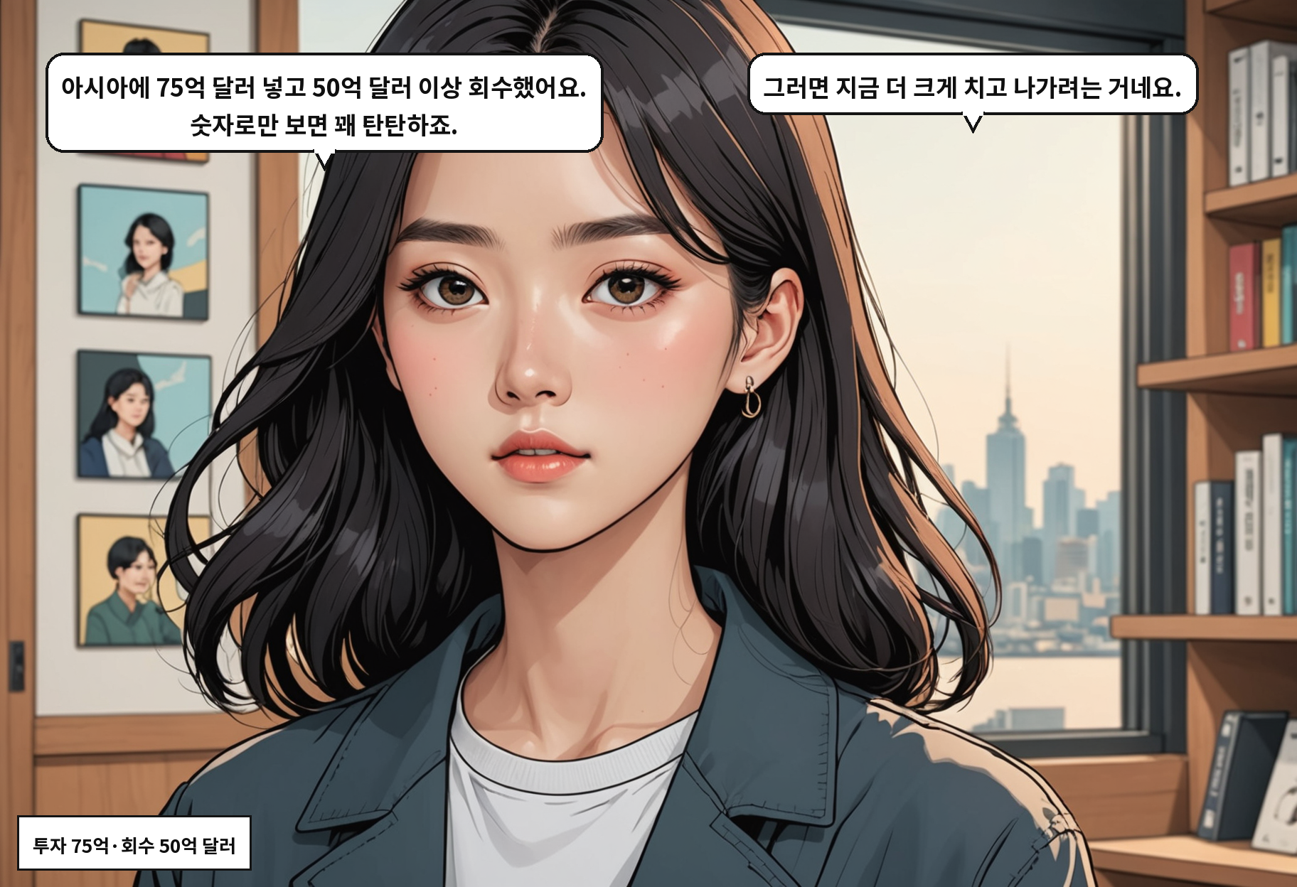 B: 아시아에 75억 달러 넣고 50억 달러 이상 회수했어요. 숫자로만 보면 꽤 탄탄하죠. A: 그러면 지금 더 크게 치고 나가려는 거네요.