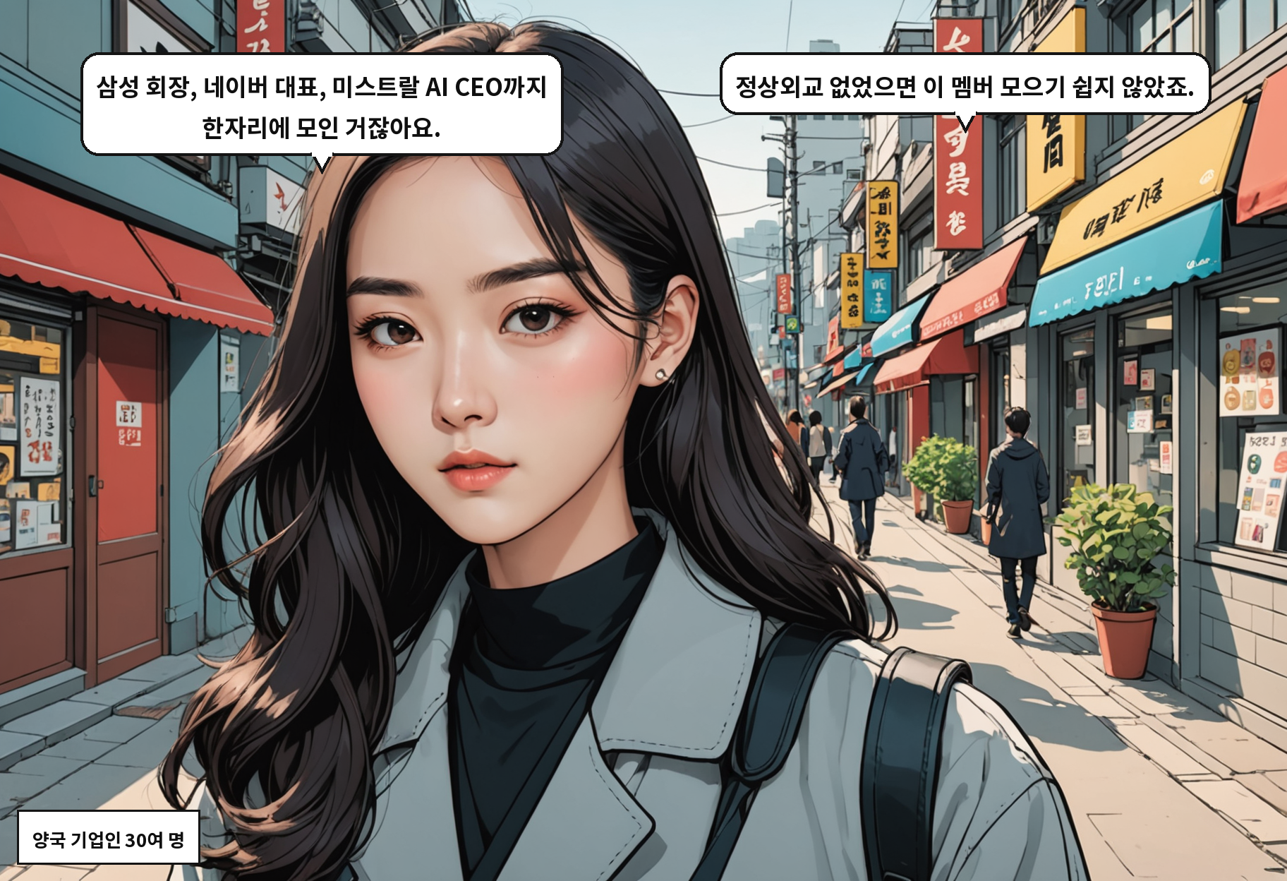A: 삼성 회장, 네이버 대표, 미스트랄 AI CEO까지 한자리에 모인 거잖아요. B: 정상외교 없었으면 이 멤버 모으기 쉽지 않았죠.