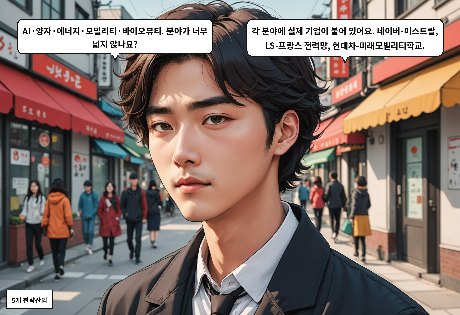 B: AI·양자·에너지·모빌리티·바이오뷰티. 분야가 너무 넓지 않나요? A: 각 분야에 실제 기업이 붙어 있어요. 네이버-미스트랄, LS-프랑스 전력망, 현대차-미래모빌리티학교.