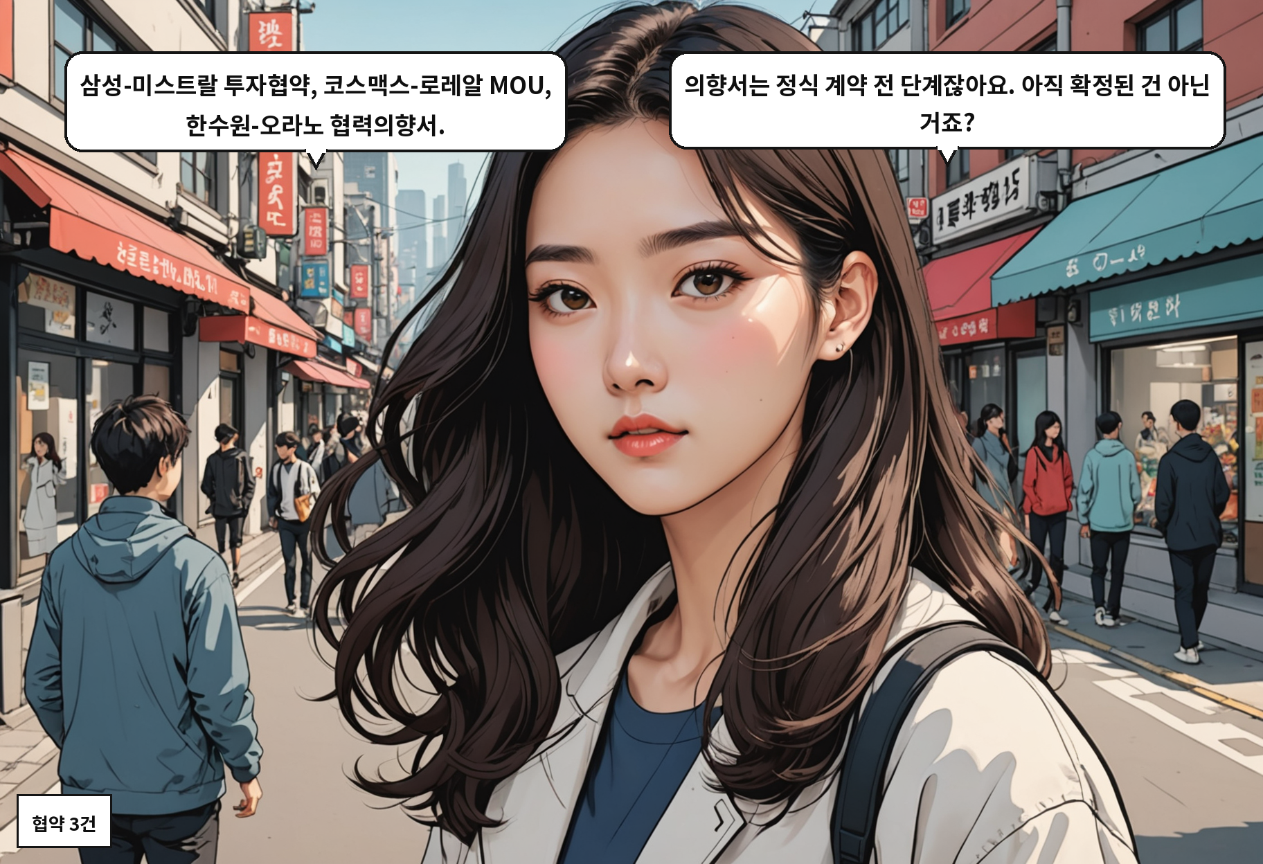 B: 삼성-미스트랄 투자협약, 코스맥스-로레알 MOU, 한수원-오라노 협력의향서. A: 의향서는 정식 계약 전 단계잖아요. 아직 확정된 건 아닌 거죠?