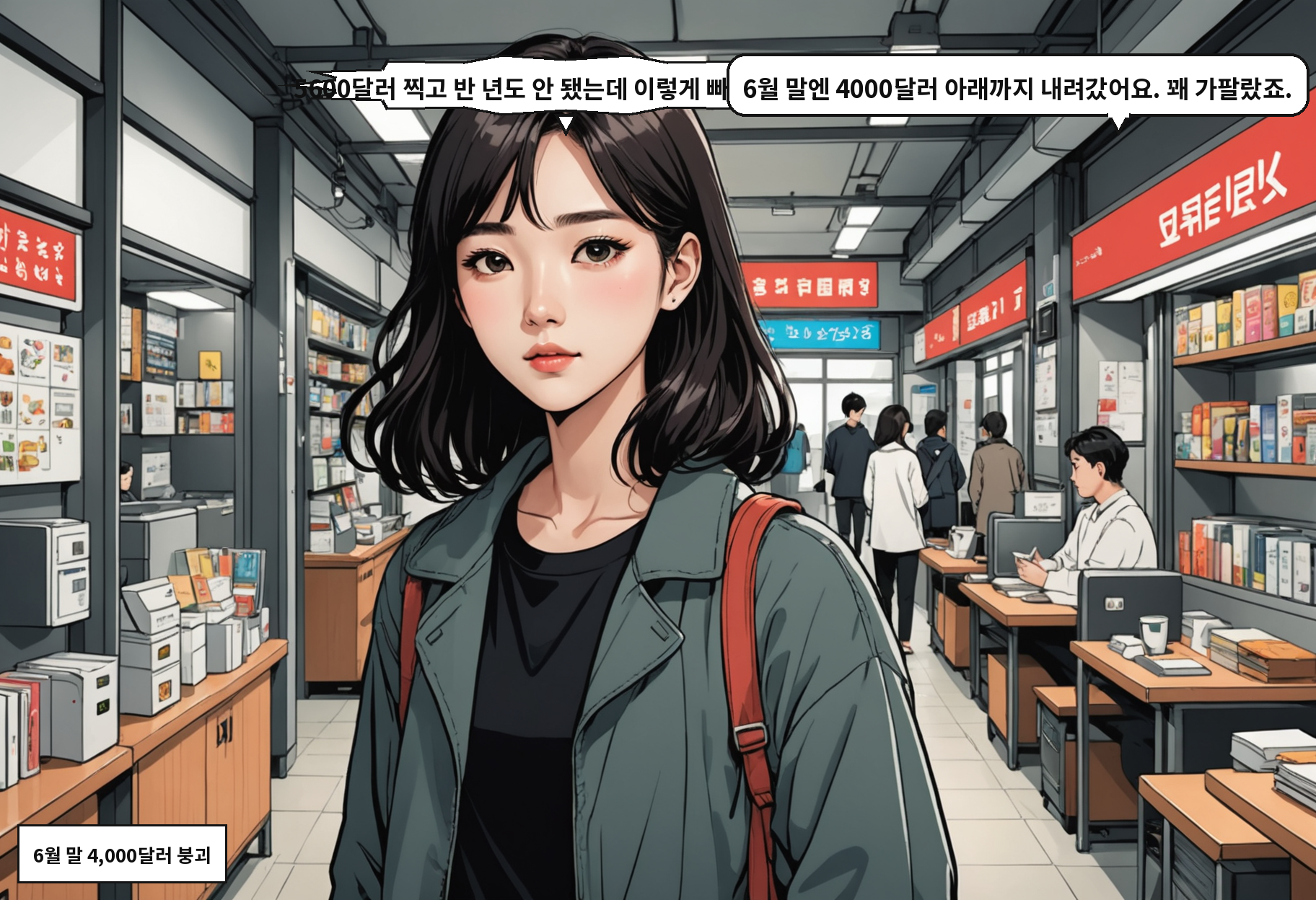 B: 5600달러 찍고 반 년도 안 됐는데 이렇게 빠진 거예요? A: 6월 말엔 4000달러 아래까지 내려갔어요. 꽤 가팔랐죠.