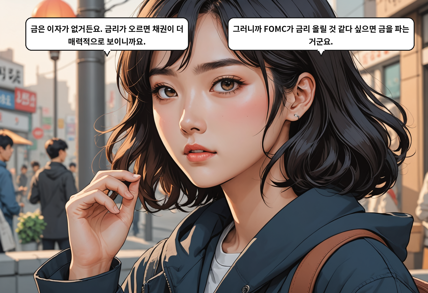 A: 금은 이자가 없거든요. 금리가 오르면 채권이 더 매력적으로 보이니까요. B: 그러니까 FOMC가 금리 올릴 것 같다 싶으면 금을 파는 거군요.