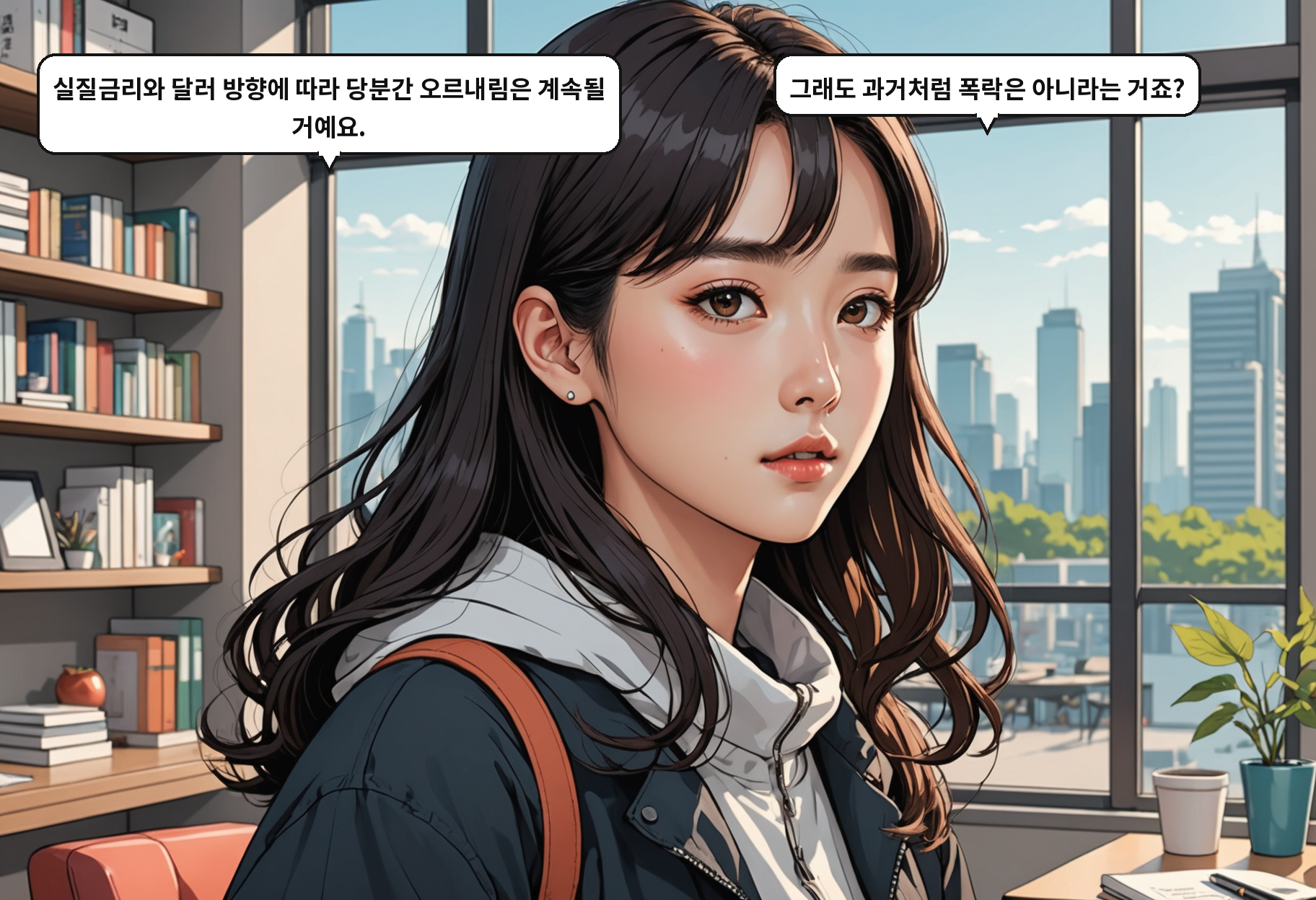 A: 실질금리와 달러 방향에 따라 당분간 오르내림은 계속될 거예요. B: 그래도 과거처럼 폭락은 아니라는 거죠?