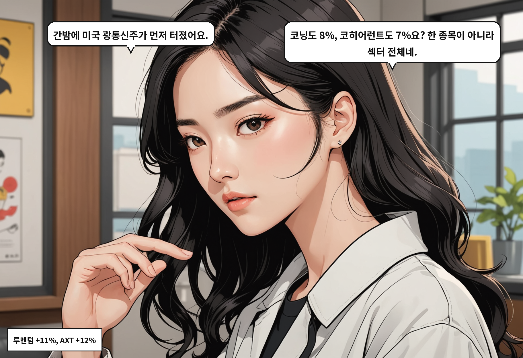 A: 간밤에 미국 광통신주가 먼저 터졌어요. B: 코닝도 8%, 코히어런트도 7%요? 한 종목이 아니라 섹터 전체네.
