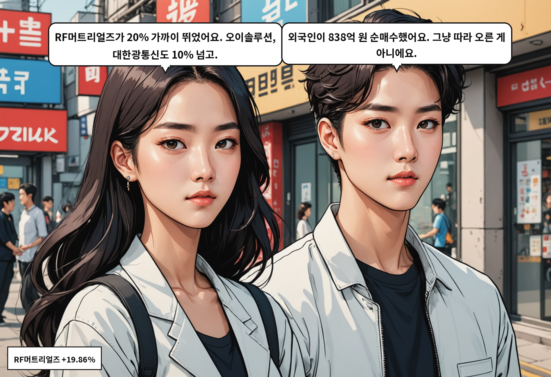 B: RF머트리얼즈가 20% 가까이 뛰었어요. 오이솔루션, 대한광통신도 10% 넘고. A: 외국인이 838억 원 순매수했어요. 그냥 따라 오른 게 아니에요.