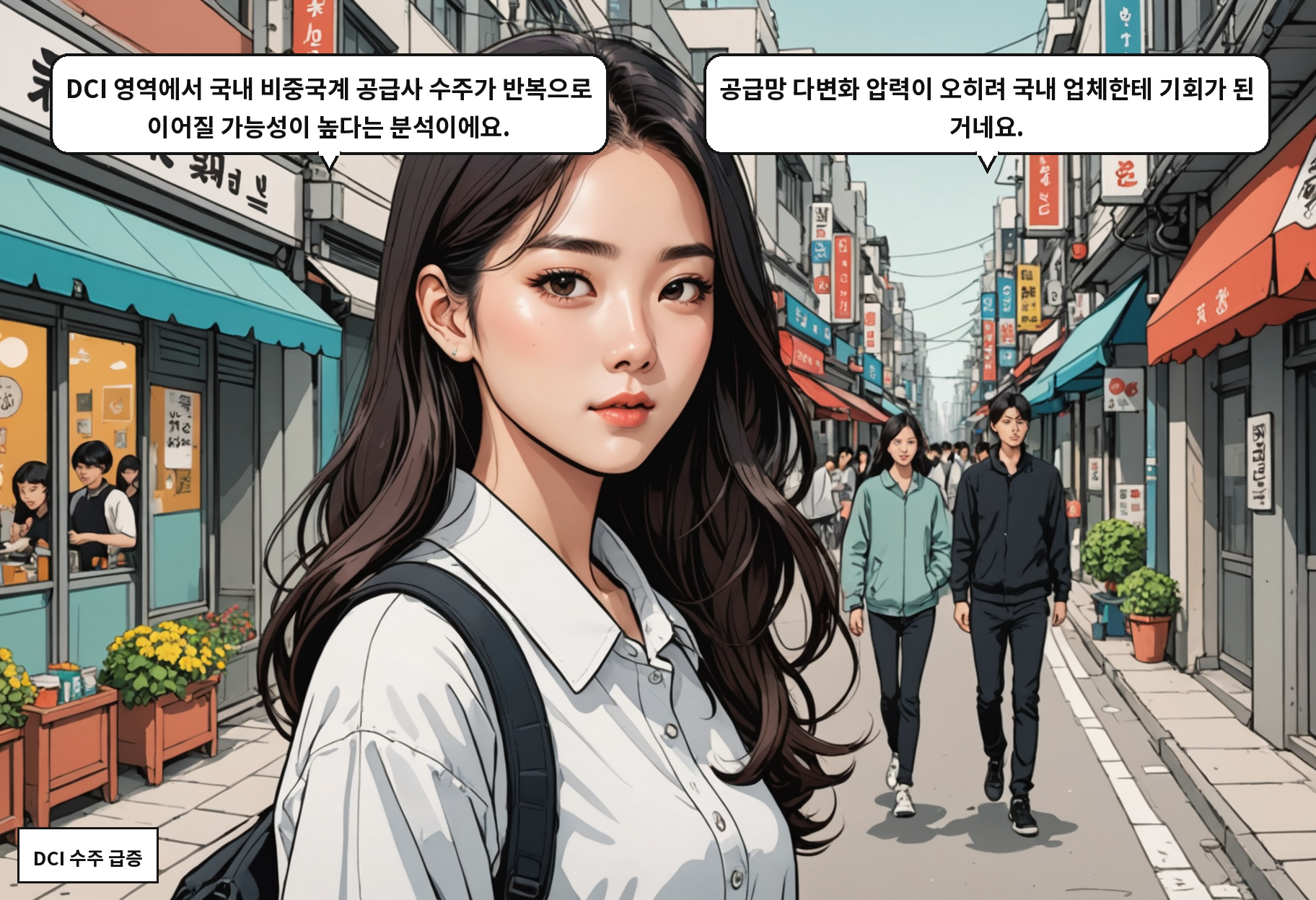 A: DCI 영역에서 국내 비중국계 공급사 수주가 반복으로 이어질 가능성이 높다는 분석이에요. B: 공급망 다변화 압력이 오히려 국내 업체한테 기회가 된 거네요.
