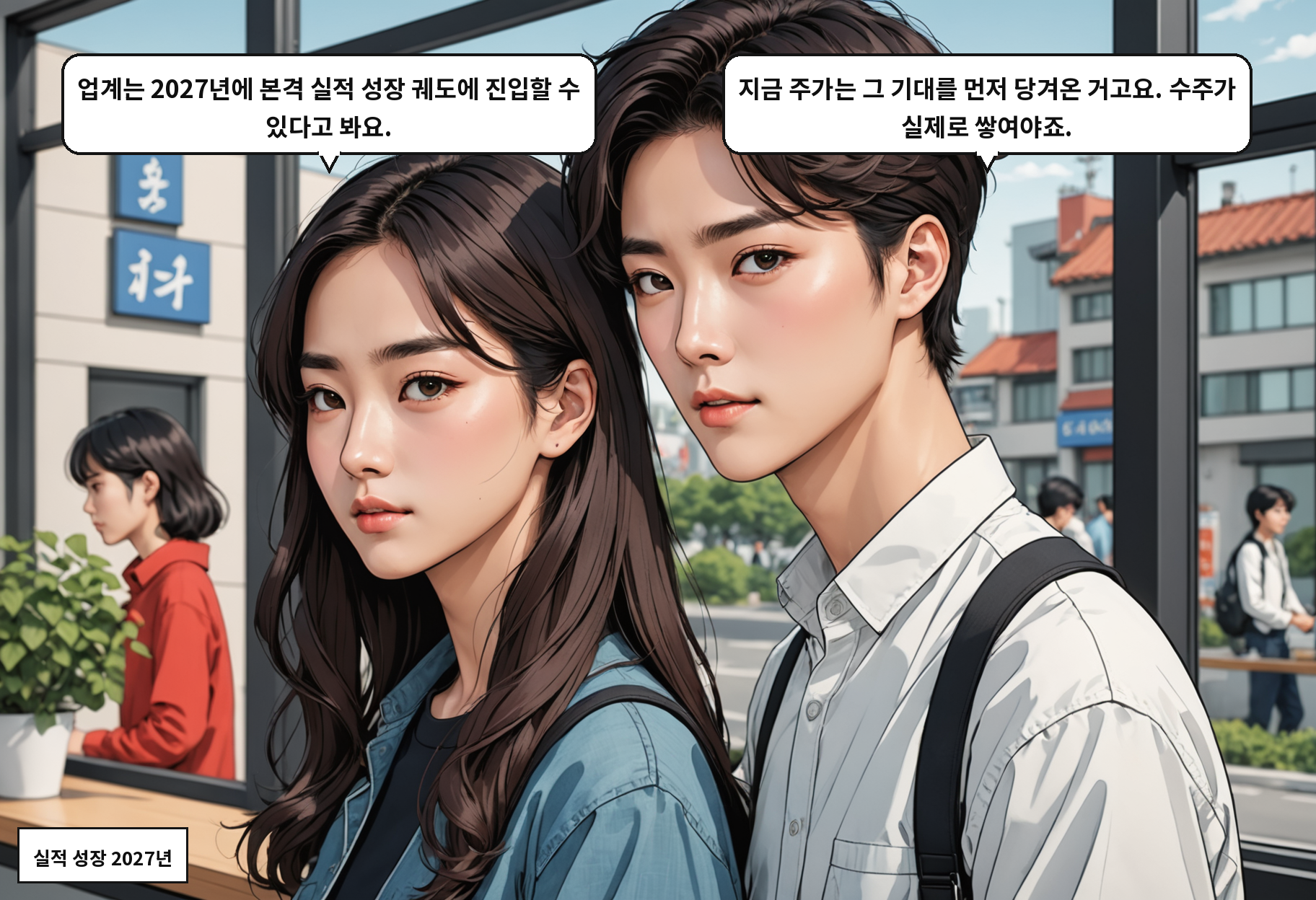 A: 업계는 2027년에 본격 실적 성장 궤도에 진입할 수 있다고 봐요. B: 지금 주가는 그 기대를 먼저 당겨온 거고요. 수주가 실제로 쌓여야죠.
