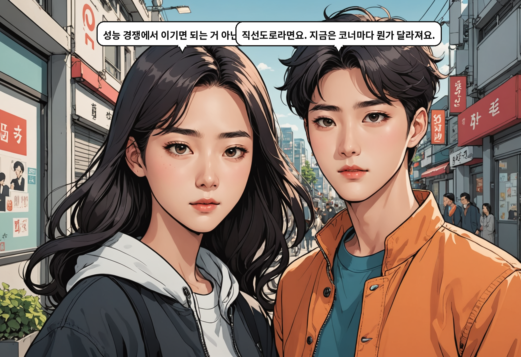 A: 성능 경쟁에서 이기면 되는 거 아닌가요? B: 직선도로라면요. 지금은 코너마다 뭔가 달라져요.