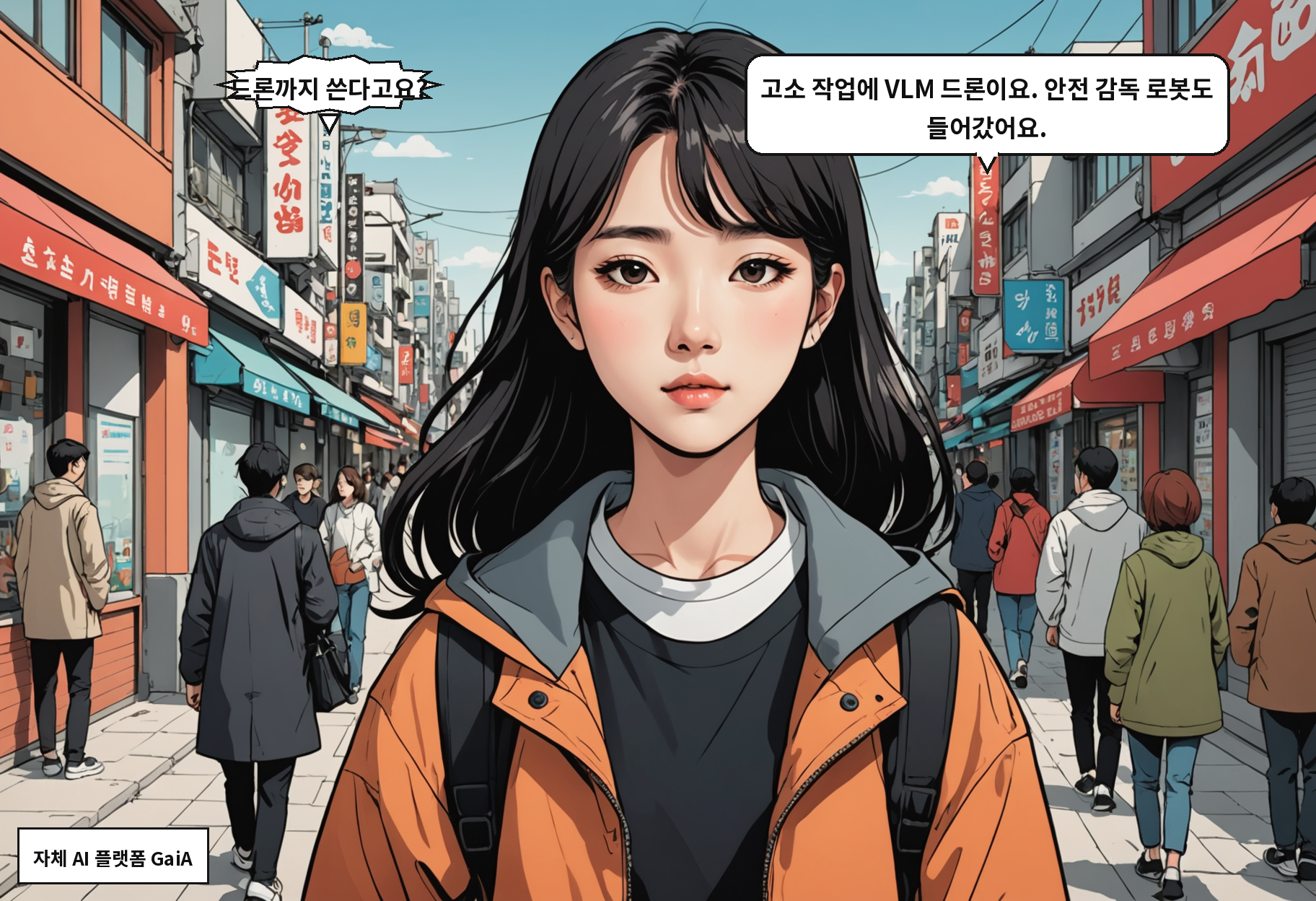 A: 드론까지 쓴다고요? B: 고소 작업에 VLM 드론이요. 안전 감독 로봇도 들어갔어요.
