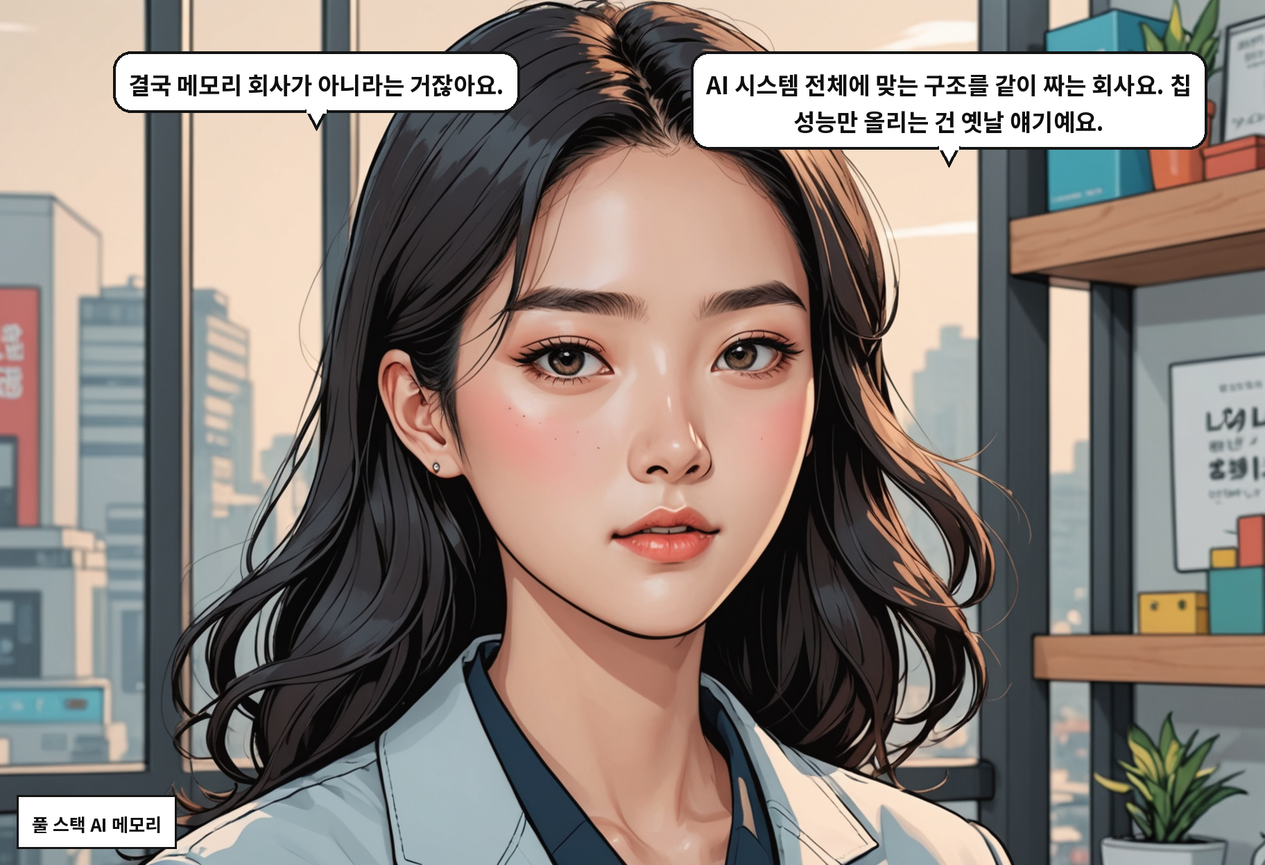 A: 결국 메모리 회사가 아니라는 거잖아요. B: AI 시스템 전체에 맞는 구조를 같이 짜는 회사요. 칩 성능만 올리는 건 옛날 얘기예요.