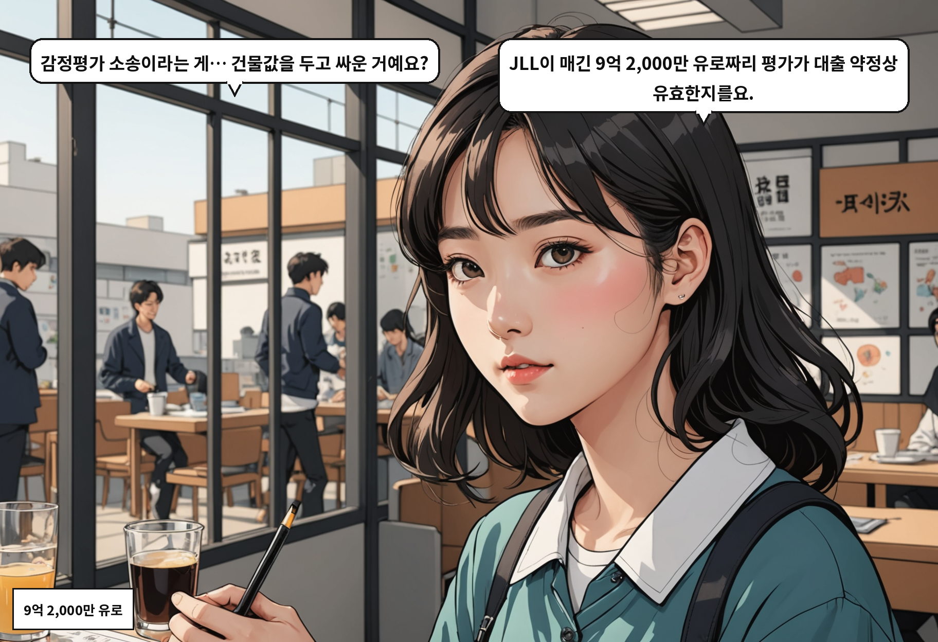 B: 감정평가 소송이라는 게… 건물값을 두고 싸운 거예요? A: JLL이 매긴 9억 2,000만 유로짜리 평가가 대출 약정상 유효한지를요.