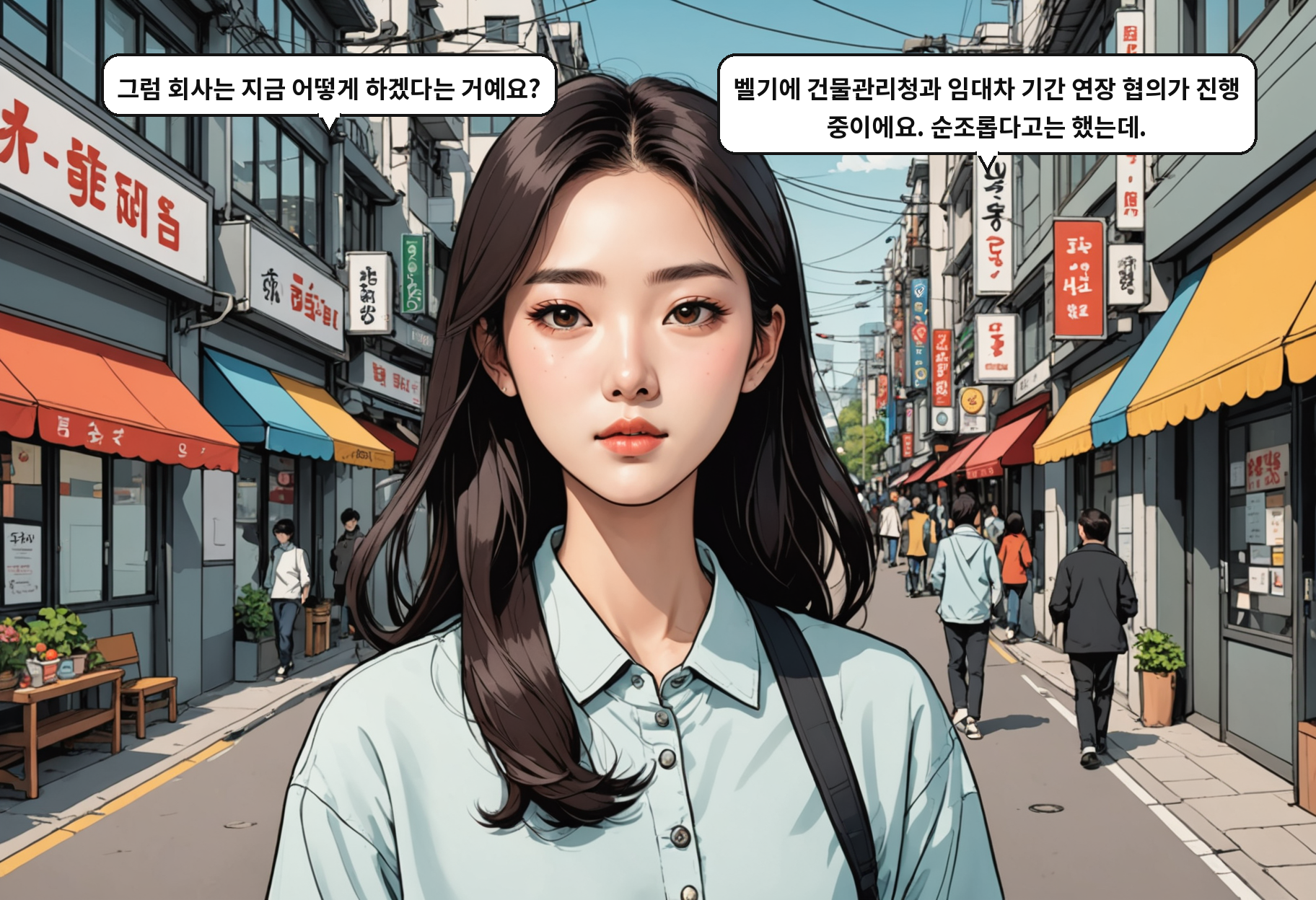 B: 그럼 회사는 지금 어떻게 하겠다는 거예요? A: 벨기에 건물관리청과 임대차 기간 연장 협의가 진행 중이에요. 순조롭다고는 했는데.