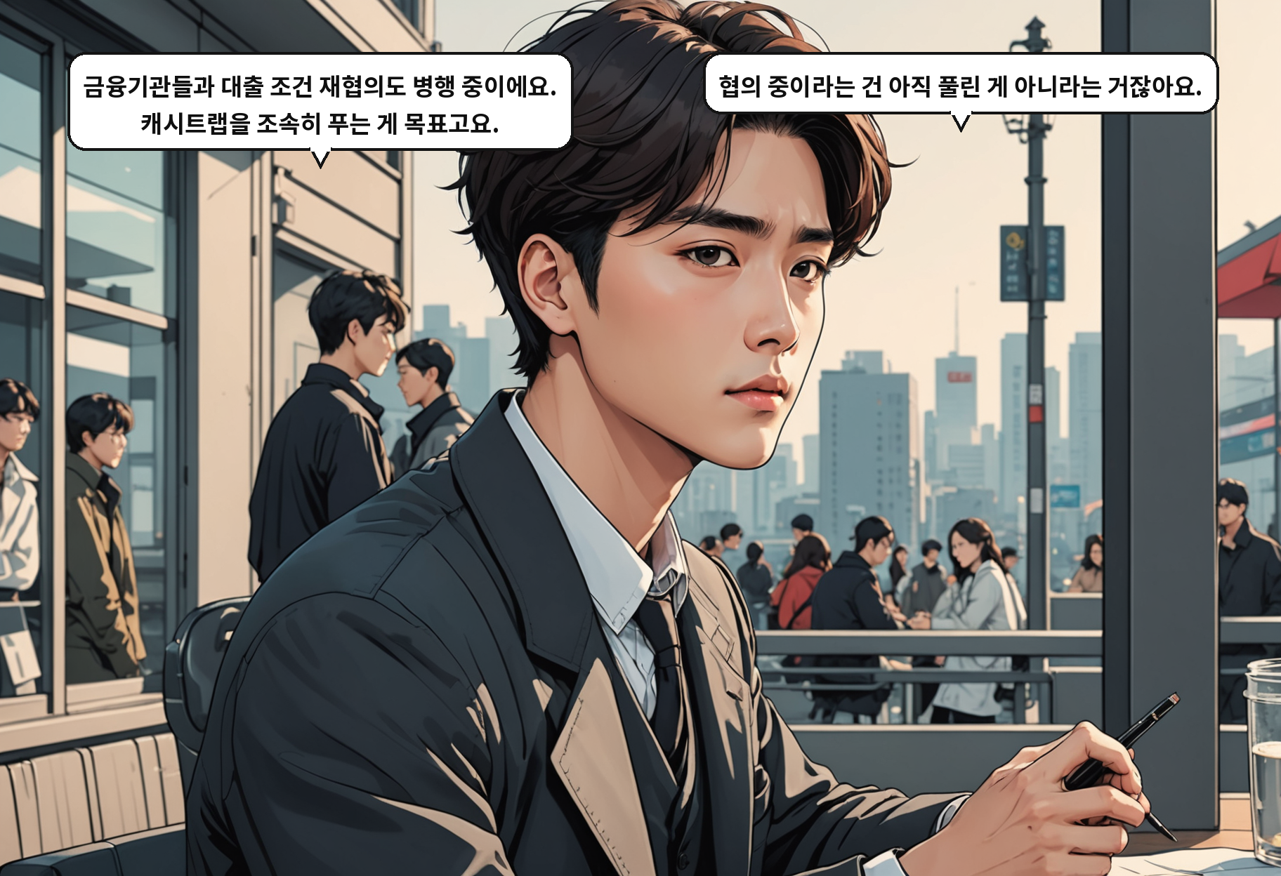 A: 금융기관들과 대출 조건 재협의도 병행 중이에요. 캐시트랩을 조속히 푸는 게 목표고요. B: 협의 중이라는 건 아직 풀린 게 아니라는 거잖아요.