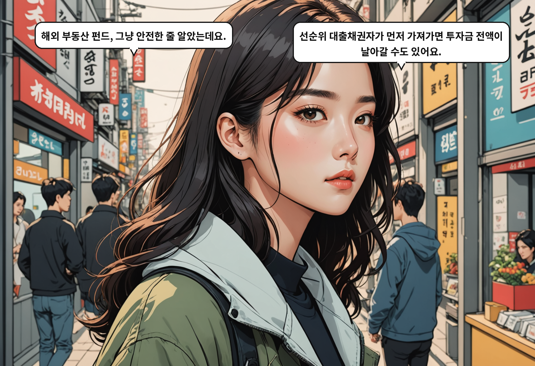B: 해외 부동산 펀드, 그냥 안전한 줄 알았는데요. A: 선순위 대출채권자가 먼저 가져가면 투자금 전액이 날아갈 수도 있어요.