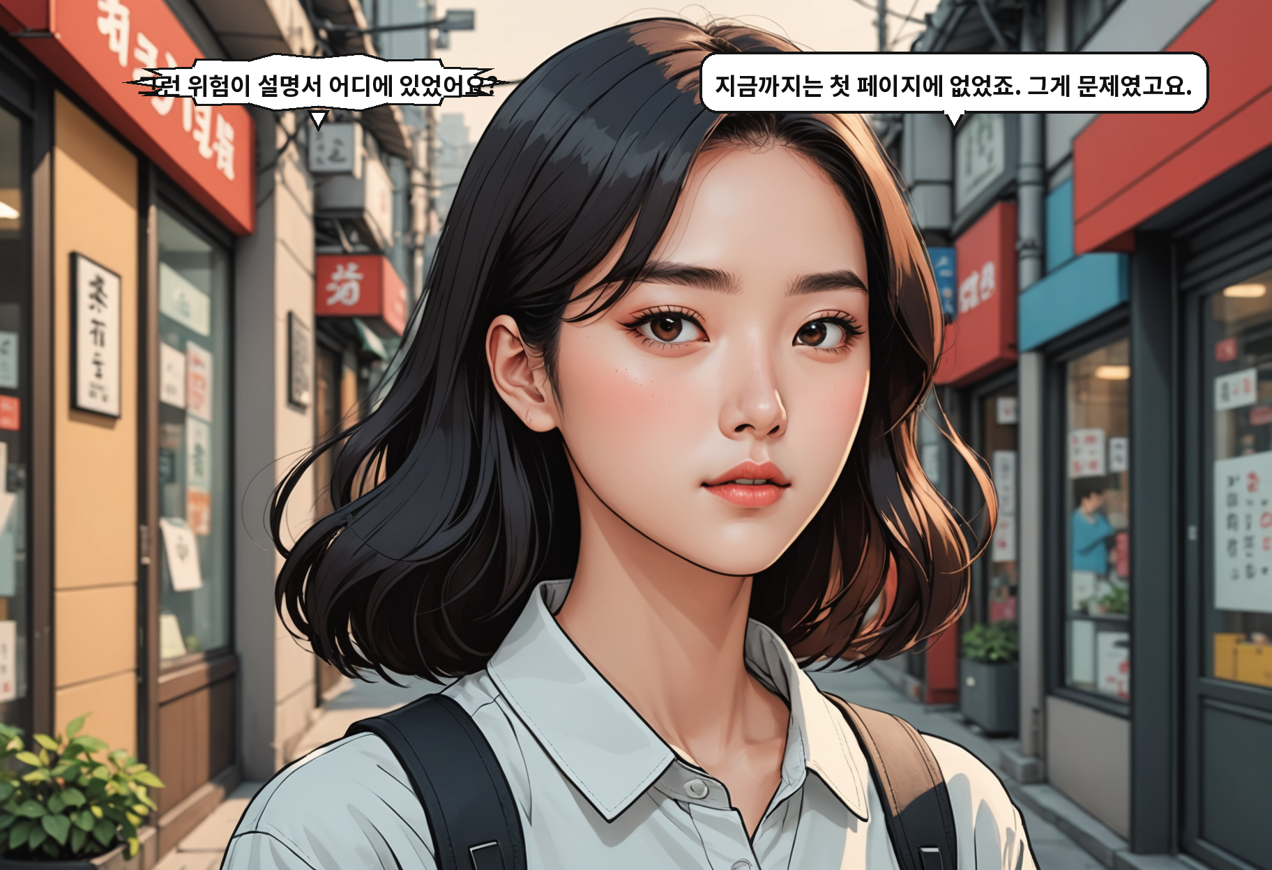 B: 그런 위험이 설명서 어디에 있었어요? A: 지금까지는 첫 페이지에 없었죠. 그게 문제였고요.
