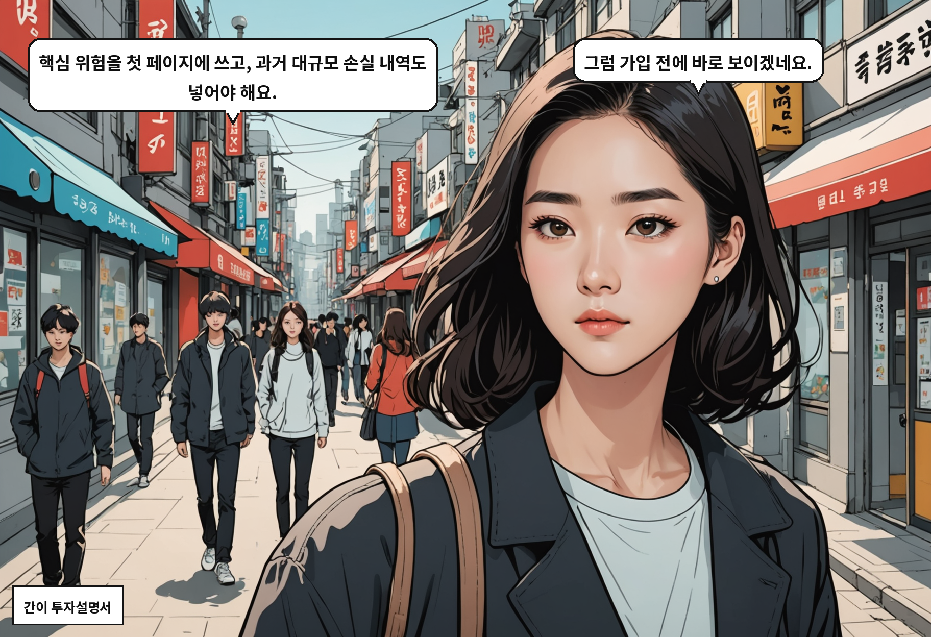 A: 핵심 위험을 첫 페이지에 쓰고, 과거 대규모 손실 내역도 넣어야 해요. B: 그럼 가입 전에 바로 보이겠네요.
