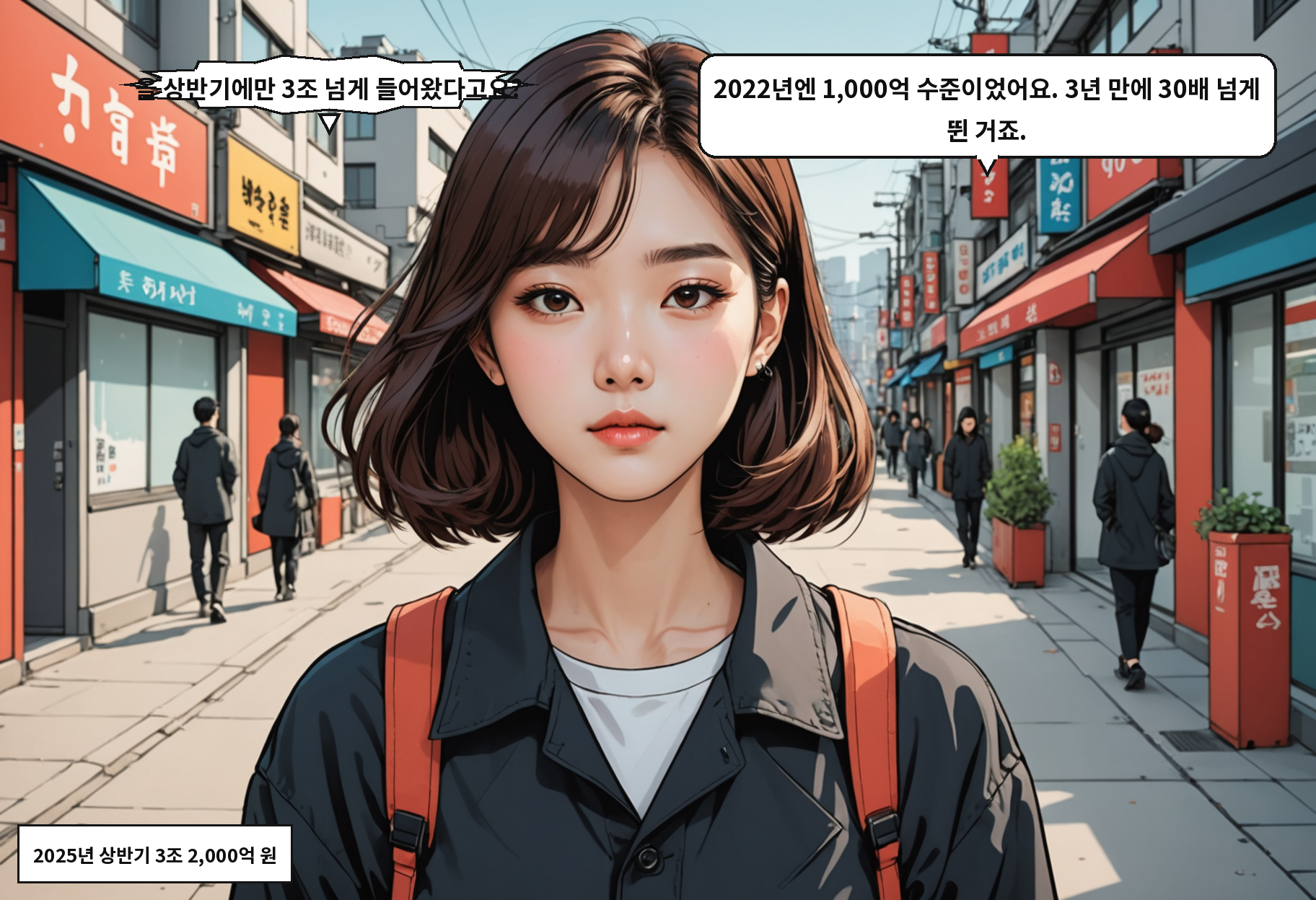 A: 올 상반기에만 3조 넘게 들어왔다고요? B: 2022년엔 1,000억 수준이었어요. 3년 만에 30배 넘게 뛴 거죠.