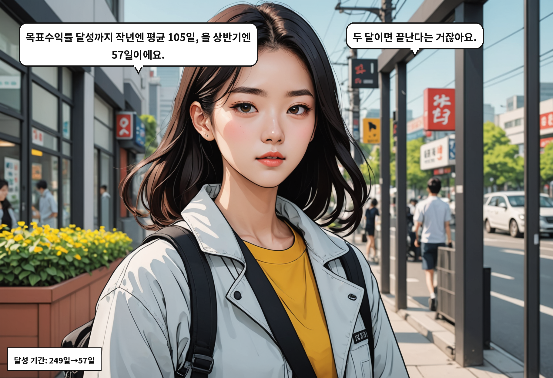 B: 목표수익률 달성까지 작년엔 평균 105일, 올 상반기엔 57일이에요. A: 두 달이면 끝난다는 거잖아요.