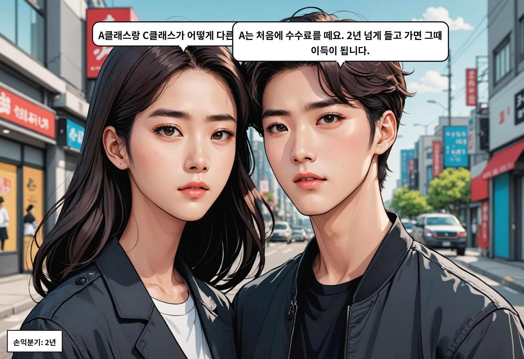 A: A클래스랑 C클래스가 어떻게 다른 거예요? B: A는 처음에 수수료를 떼요. 2년 넘게 들고 가면 그때 이득이 됩니다.