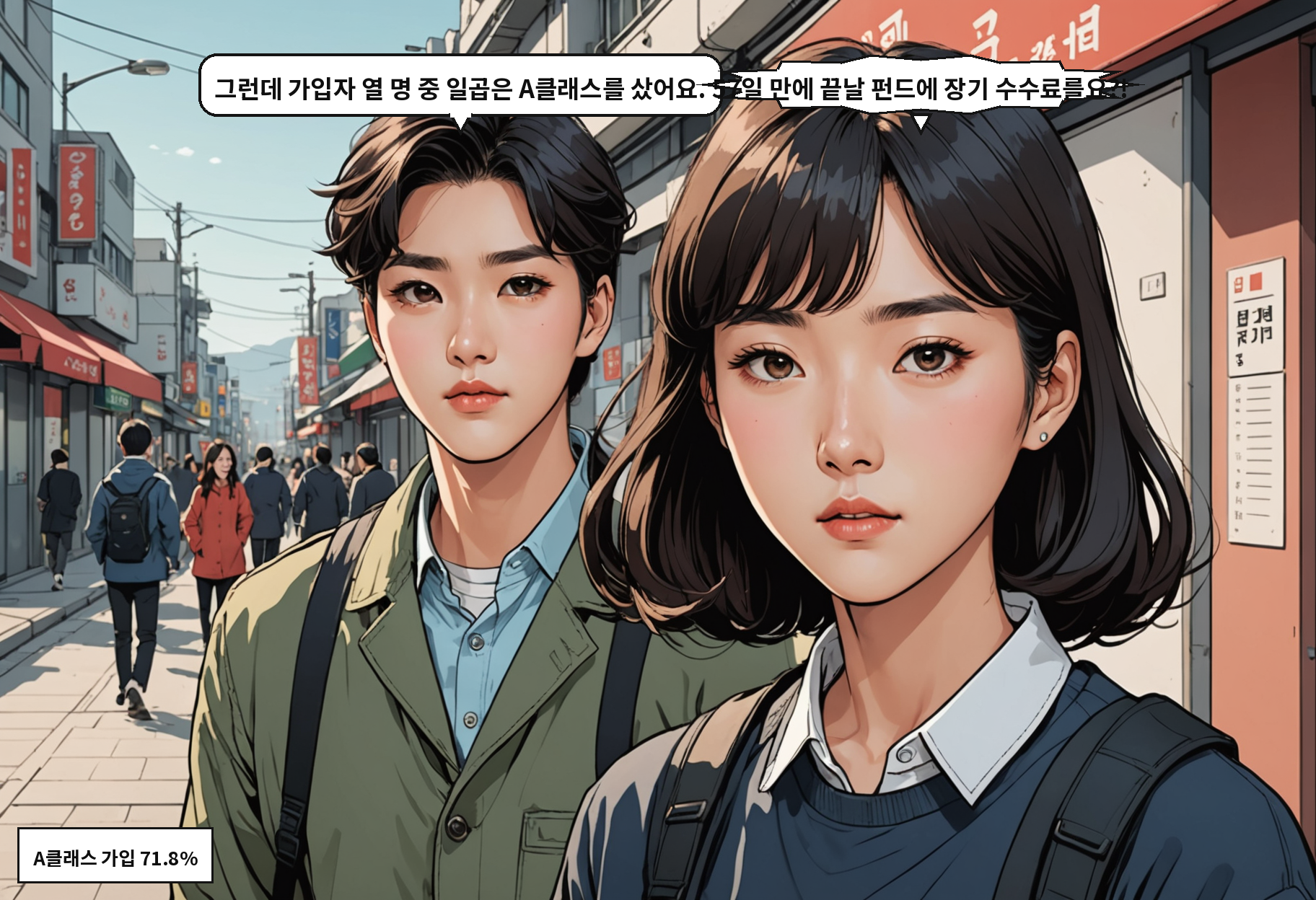 B: 그런데 가입자 열 명 중 일곱은 A클래스를 샀어요. A: 57일 만에 끝날 펀드에 장기 수수료를요?!