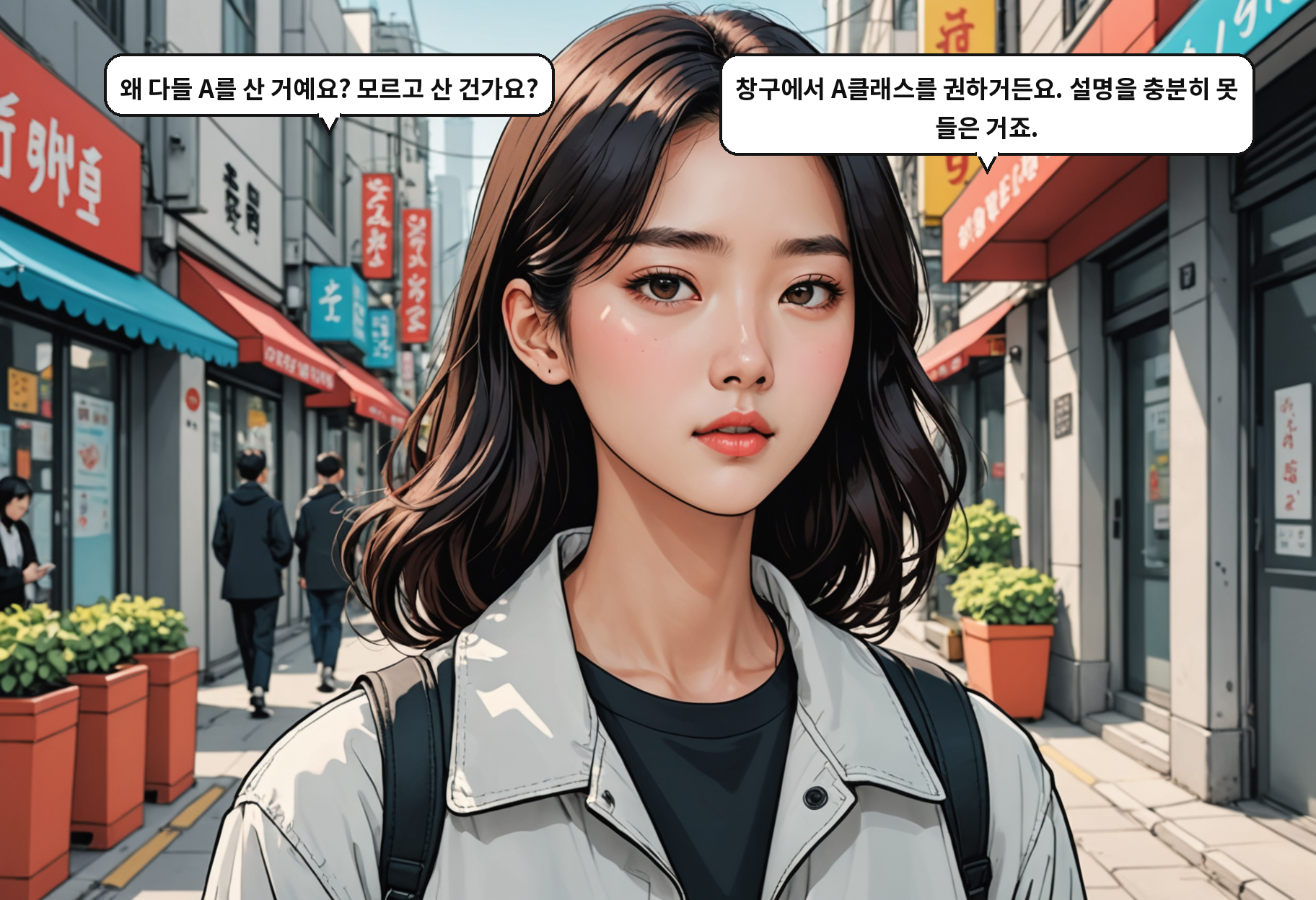 A: 왜 다들 A를 산 거예요? 모르고 산 건가요? B: 창구에서 A클래스를 권하거든요. 설명을 충분히 못 들은 거죠.