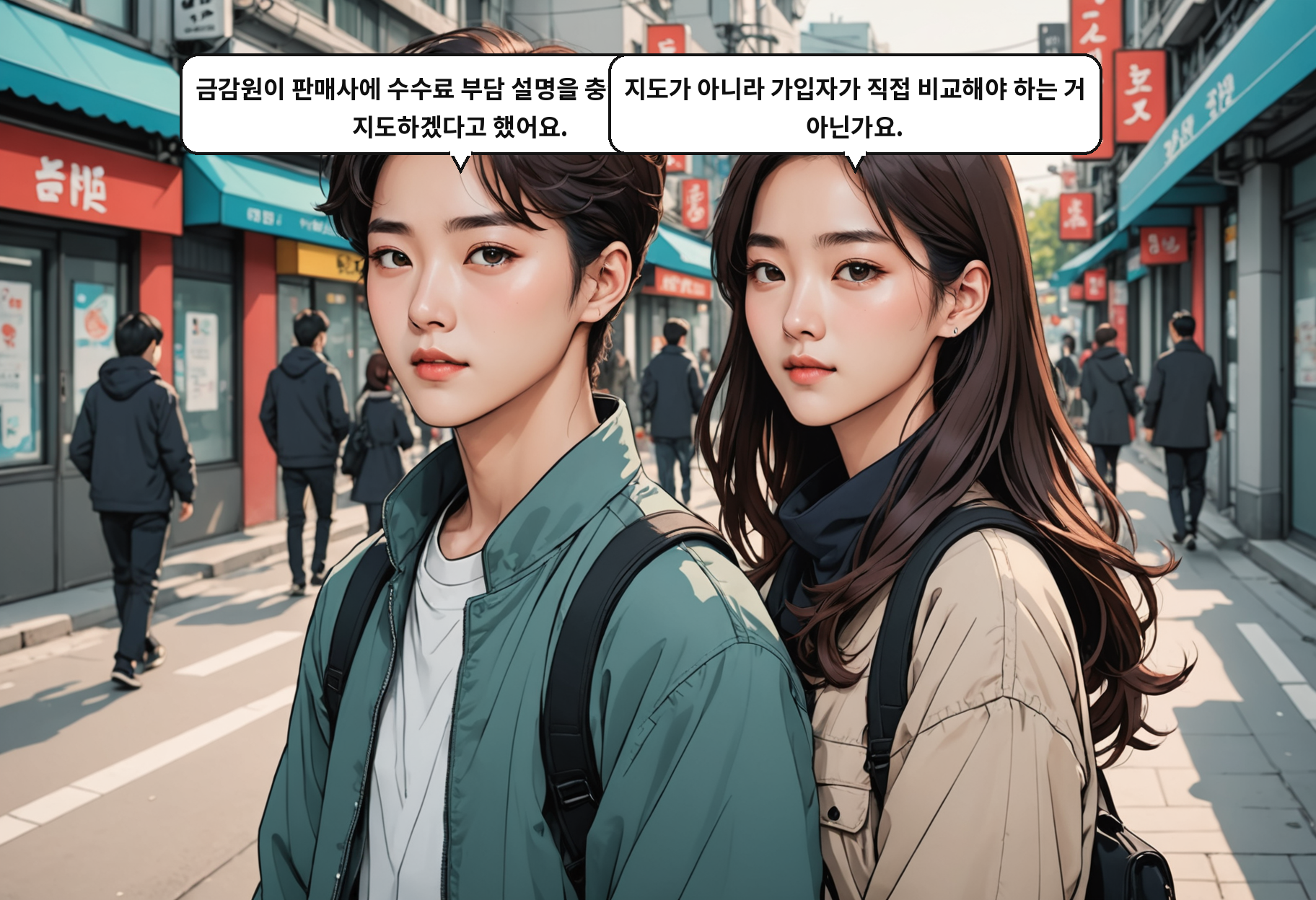 B: 금감원이 판매사에 수수료 부담 설명을 충실히 하도록 지도하겠다고 했어요. A: 지도가 아니라 가입자가 직접 비교해야 하는 거 아닌가요.