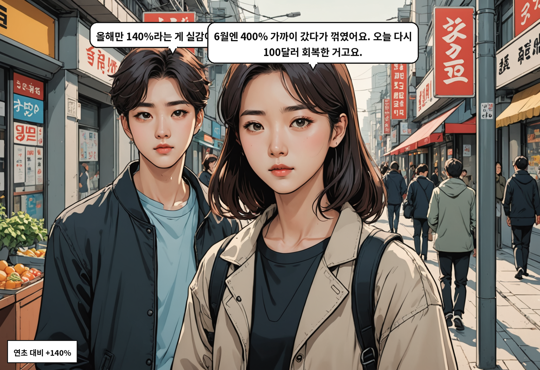 B: 올해만 140%라는 게 실감이 안 나요. A: 6월엔 400% 가까이 갔다가 꺾였어요. 오늘 다시 100달러 회복한 거고요.