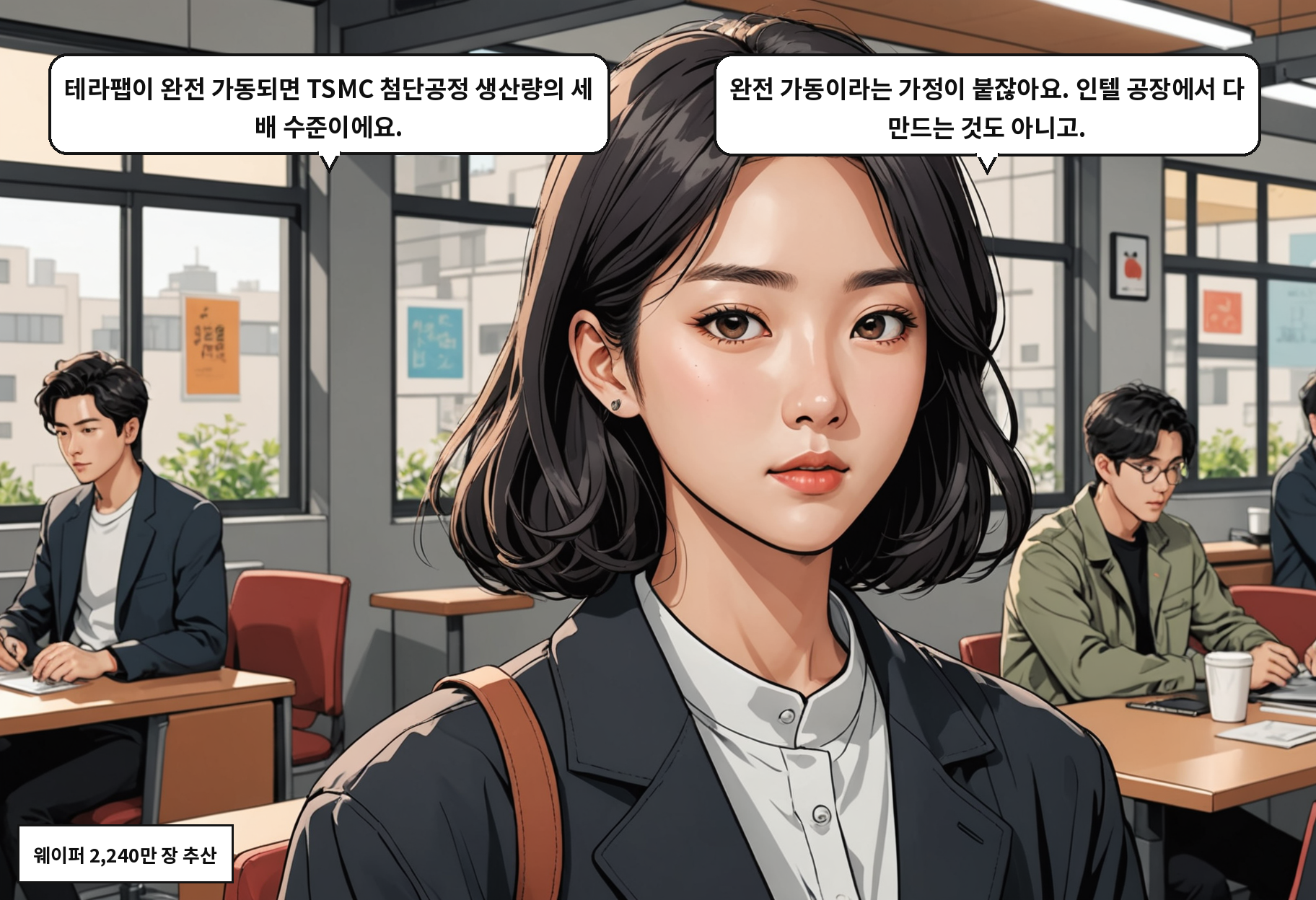 A: 테라팹이 완전 가동되면 TSMC 첨단공정 생산량의 세 배 수준이에요. B: 완전 가동이라는 가정이 붙잖아요. 인텔 공장에서 다 만드는 것도 아니고.
