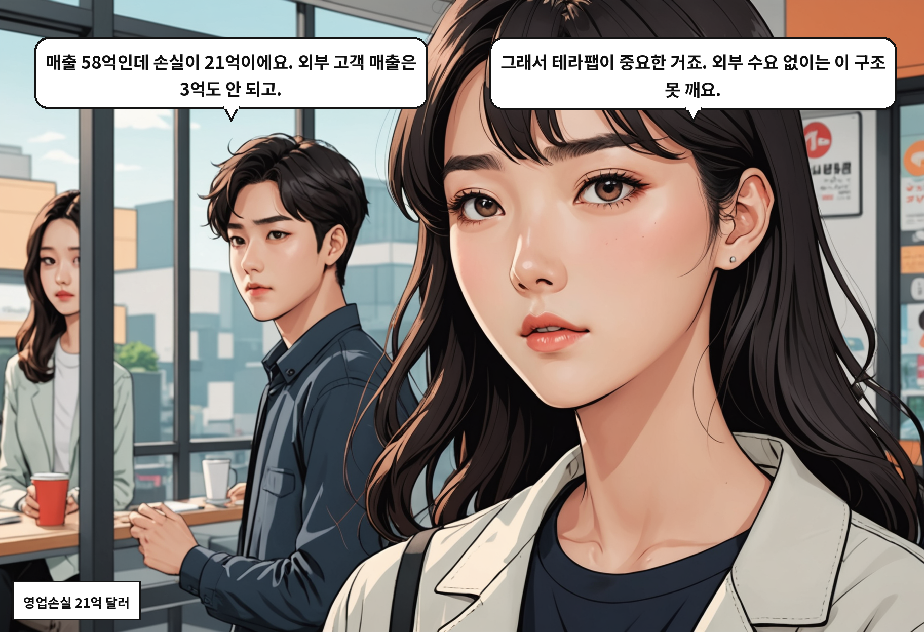 B: 매출 58억인데 손실이 21억이에요. 외부 고객 매출은 3억도 안 되고. A: 그래서 테라팹이 중요한 거죠. 외부 수요 없이는 이 구조 못 깨요.