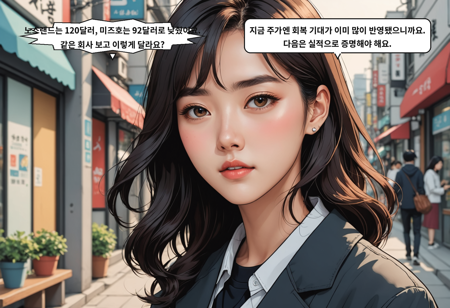 B: 노스랜드는 120달러, 미즈호는 92달러로 낮췄어요. 같은 회사 보고 이렇게 달라요? A: 지금 주가엔 회복 기대가 이미 많이 반영됐으니까요. 다음은 실적으로 증명해야 해요.