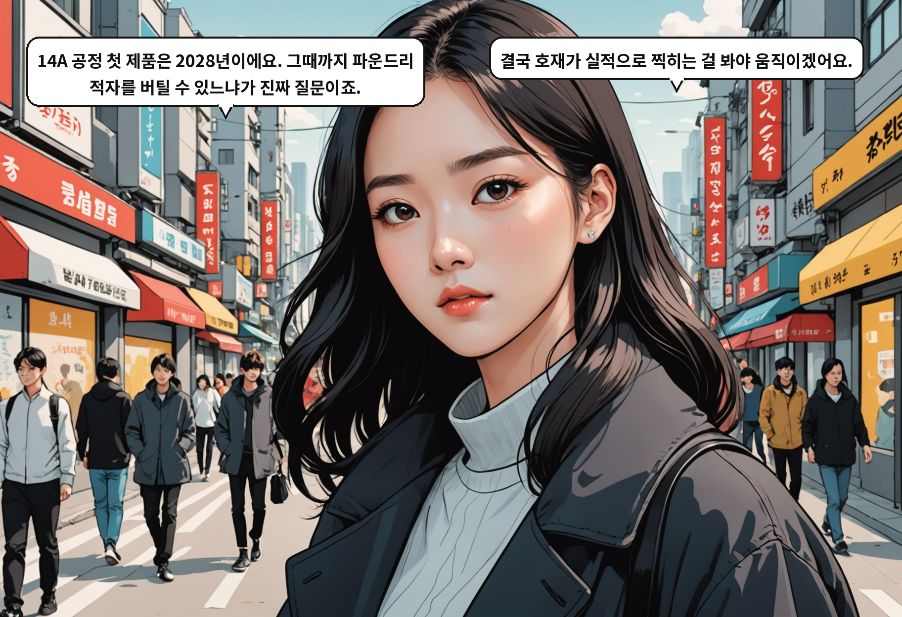 A: 14A 공정 첫 제품은 2028년이에요. 그때까지 파운드리 적자를 버틸 수 있느냐가 진짜 질문이죠. B: 결국 호재가 실적으로 찍히는 걸 봐야 움직이겠어요.