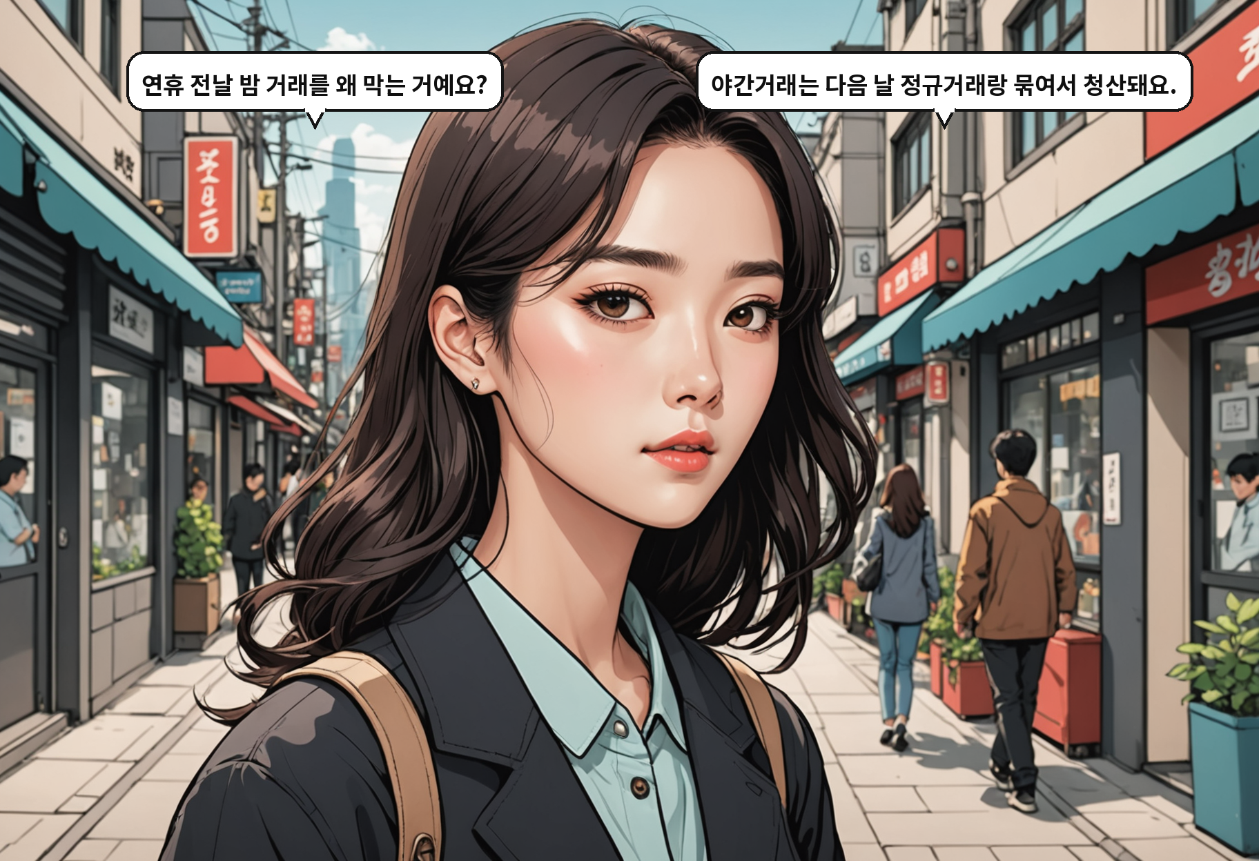 B: 연휴 전날 밤 거래를 왜 막는 거예요? A: 야간거래는 다음 날 정규거래랑 묶여서 청산돼요.