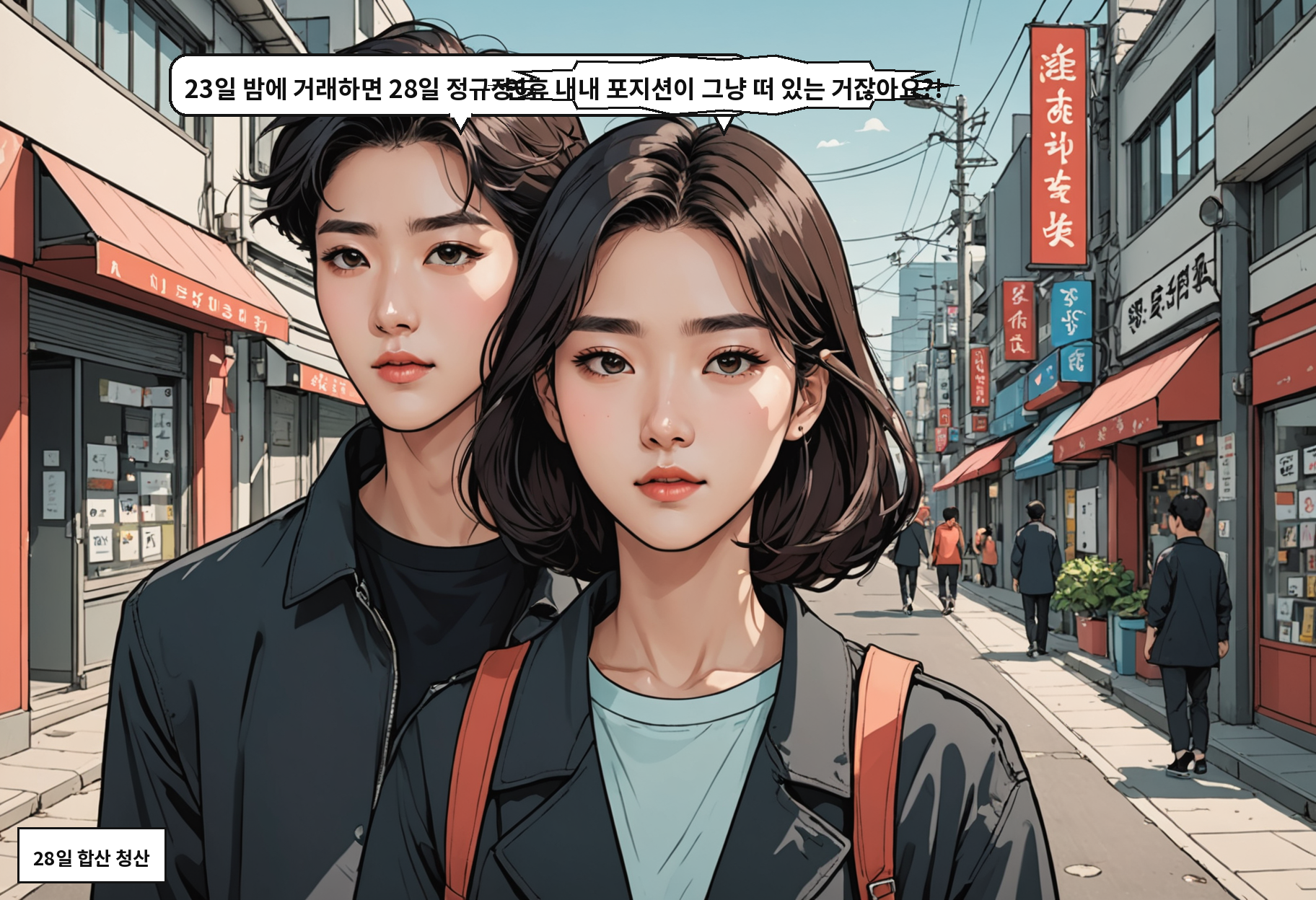 A: 23일 밤에 거래하면 28일 정규장이랑 합쳐서 청산돼요. B: 연휴 내내 포지션이 그냥 떠 있는 거잖아요?!