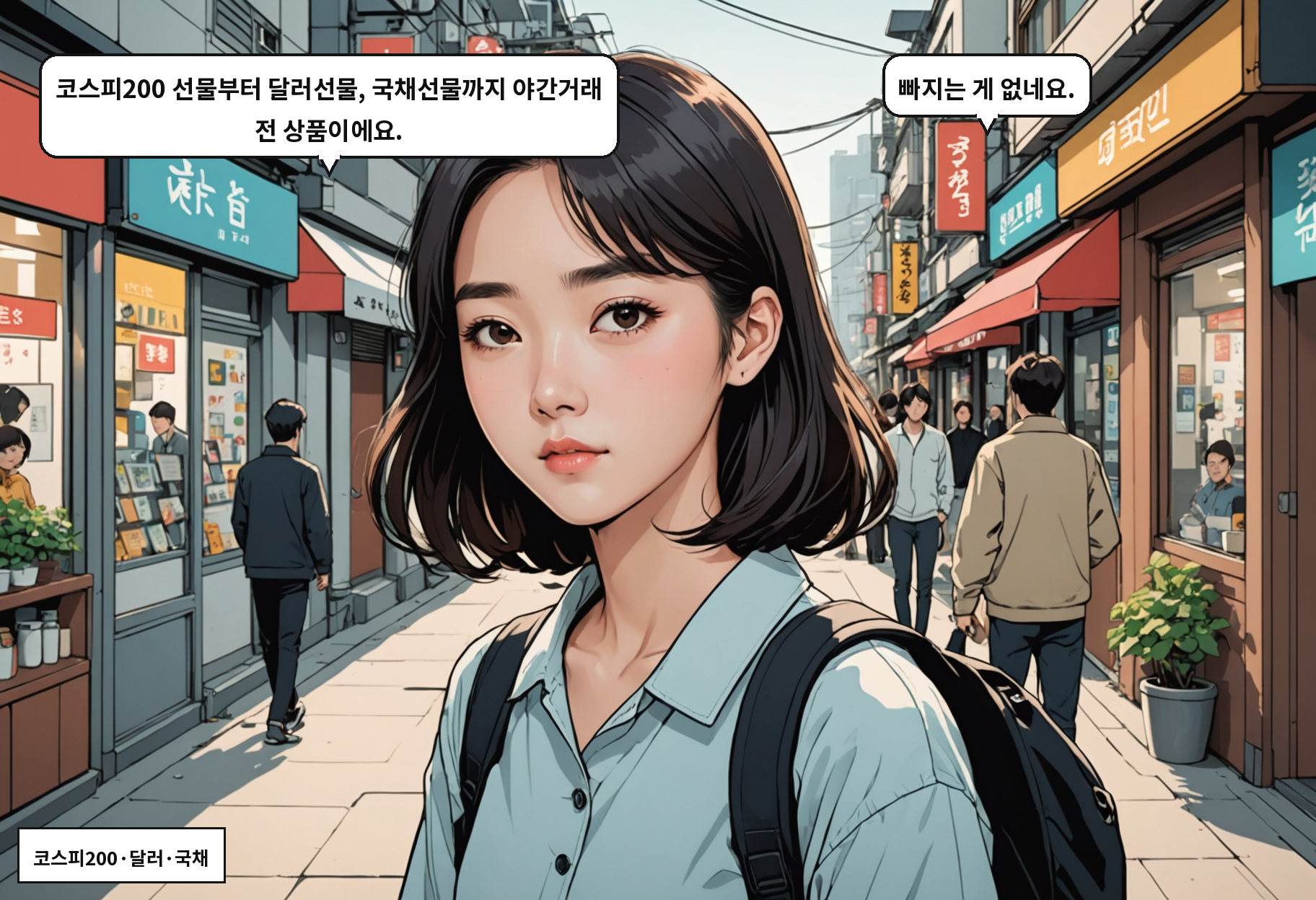 A: 코스피200 선물부터 달러선물, 국채선물까지 야간거래 전 상품이에요. B: 빠지는 게 없네요.