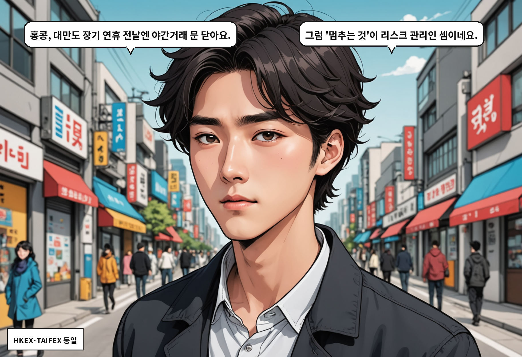 A: 홍콩, 대만도 장기 연휴 전날엔 야간거래 문 닫아요. B: 그럼 '멈추는 것'이 리스크 관리인 셈이네요.